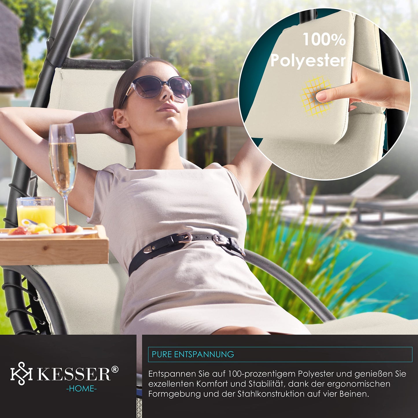 KESSER® Tumbona Flotante con Sombrilla | Hamaca Colgante Solar H200, L194, A100 cm | Reclinable Capacidad hasta 120 kg | Tumbona de Balanceo con Cojines y Almohada, Incluye Bolsa, Beige