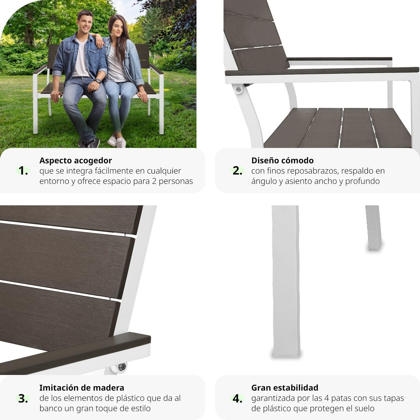 TecTake® Banco de Jardín Moderno para Dos Personas, Estructura de Aluminio Resistente, Banco Jardin, Asiento de Poliestireno Efecto Madera, Ideal para Patio y Terraza Exterior - Oscuro/Blanco