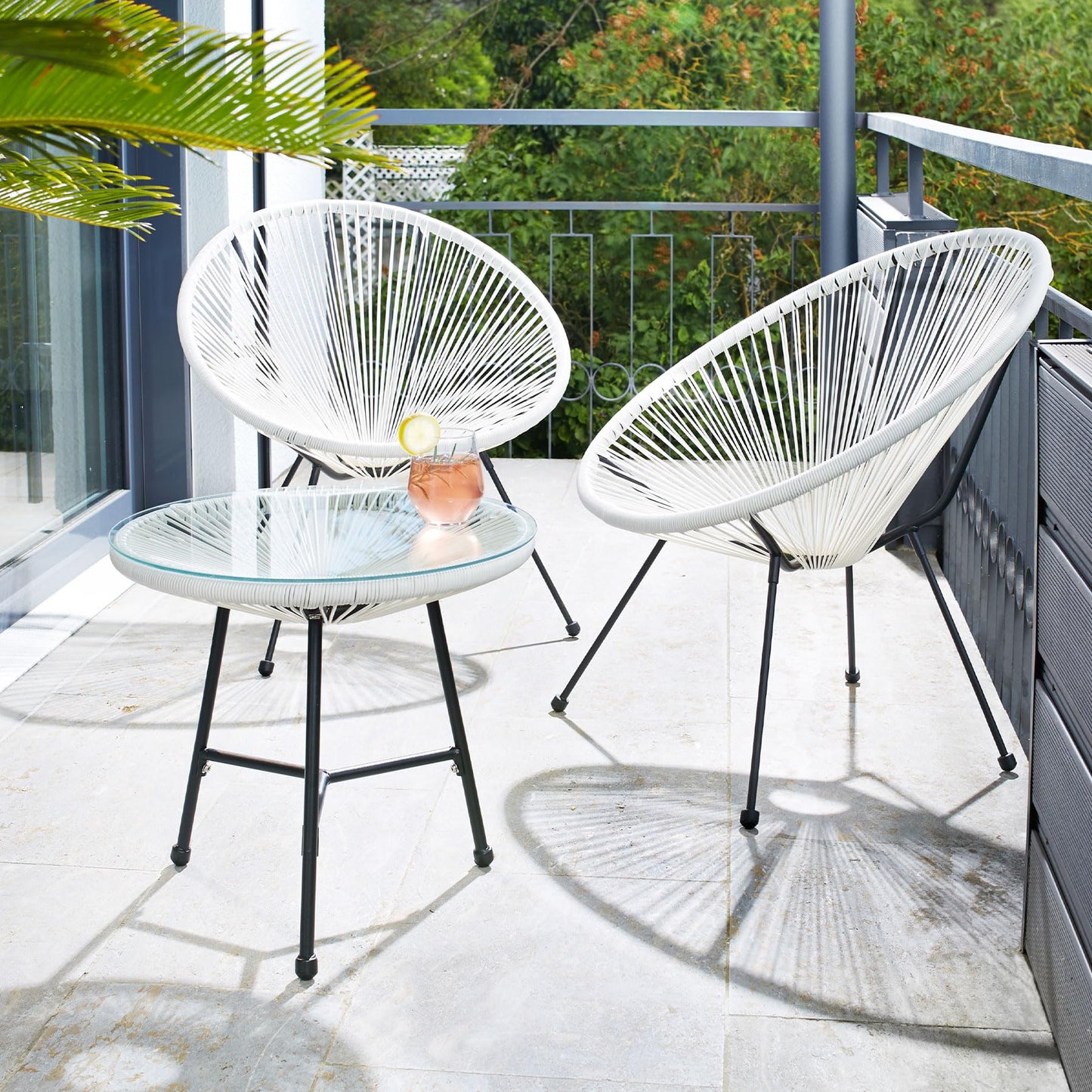 tectake® Conjunto Muebles Jardín Exterior de Acero, Estilo Acapulco, 2 Sillas y 1 Mesa con Cristal, Mesa y Sillas de Terraza Resistentes a Intemperie,Topes en Patas, para Interior y Exterior - negro