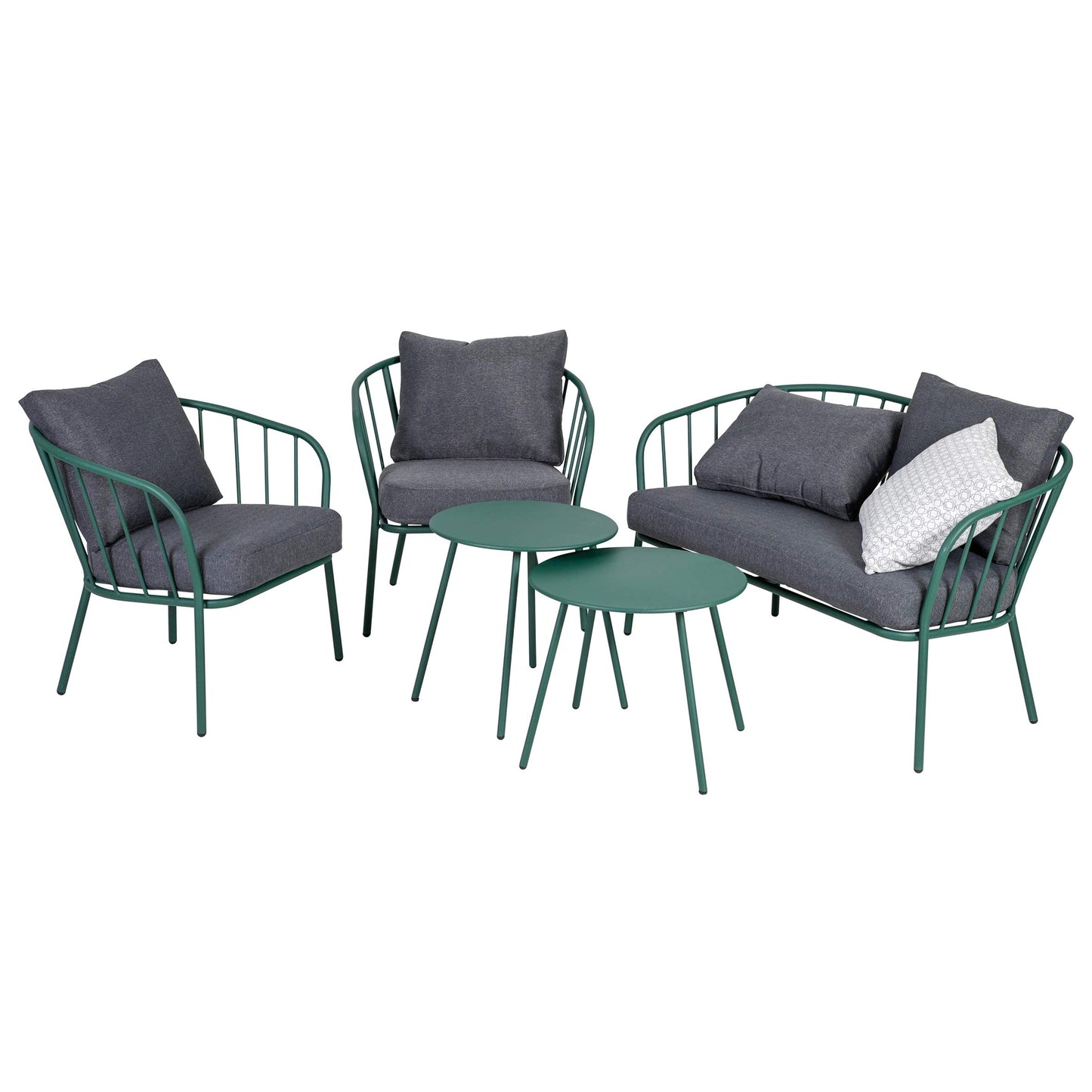 Greemotion Conjunto de Muebles de Jardín de 5 Piezas Niza, Juego de Sofá Exterior/Interior de Acero para 4 Personas, 2 Mesas, Sofá y 2 Sillones con Cojines, Verde/Gris