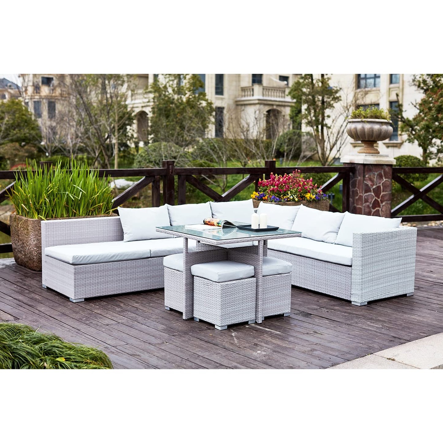 Concept-Usine | Mobiliario de Jardín Fidji, Resina Trenzada Color Gris para 10 Personas, Sofá Grandes con Asiento Reclinable, 4 Pufs y Almacenamiento. Mesa Alta con Vidrio Templado.