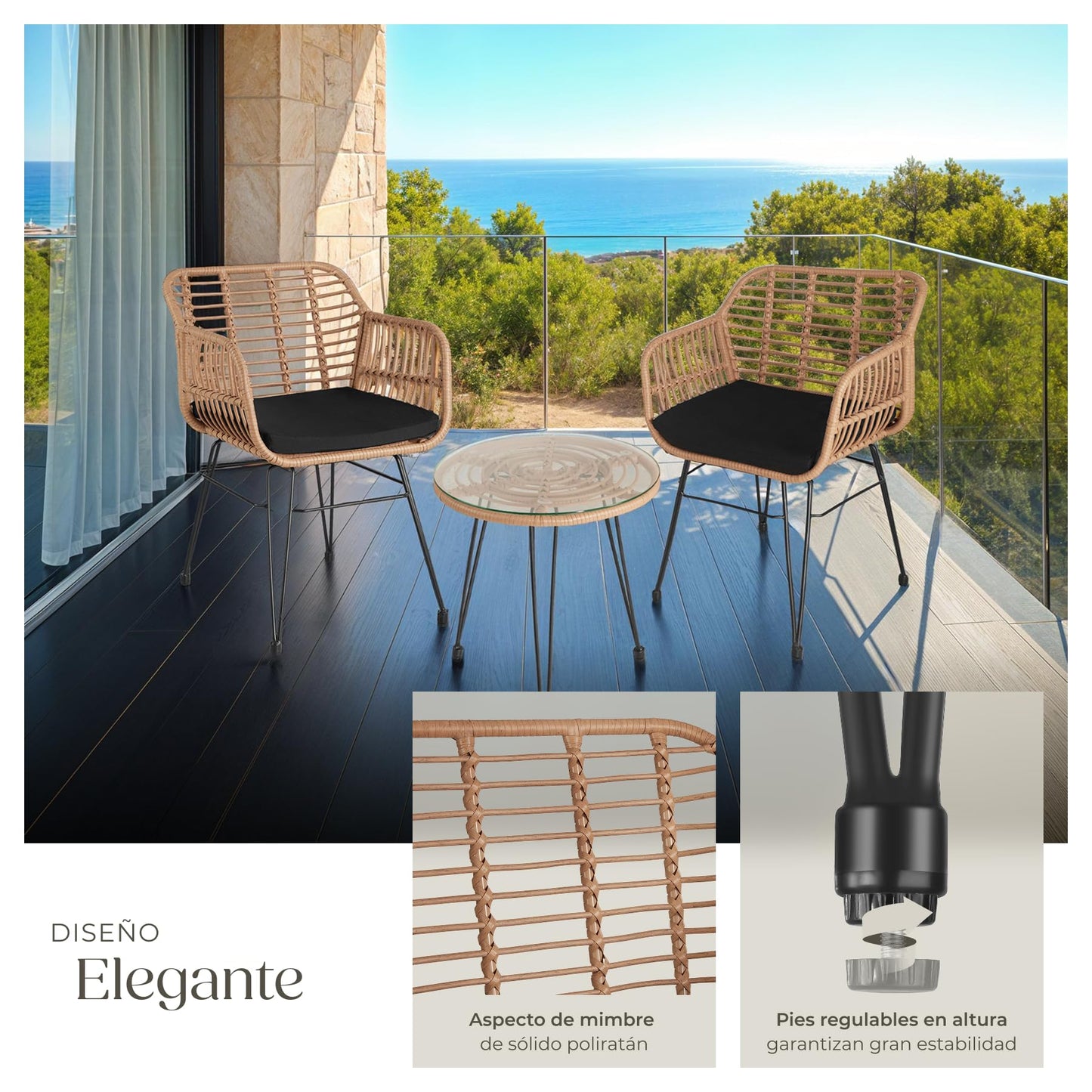 TecTake® Conjunto Jardín Exterior de Ratán y Acero para 2 Personas, Muebles Jardín Exterior Resistentes a Intemperie, 2 Sillas con Cojines (Fundas Extraíbles), 1 Mesa con Cristal - Natural