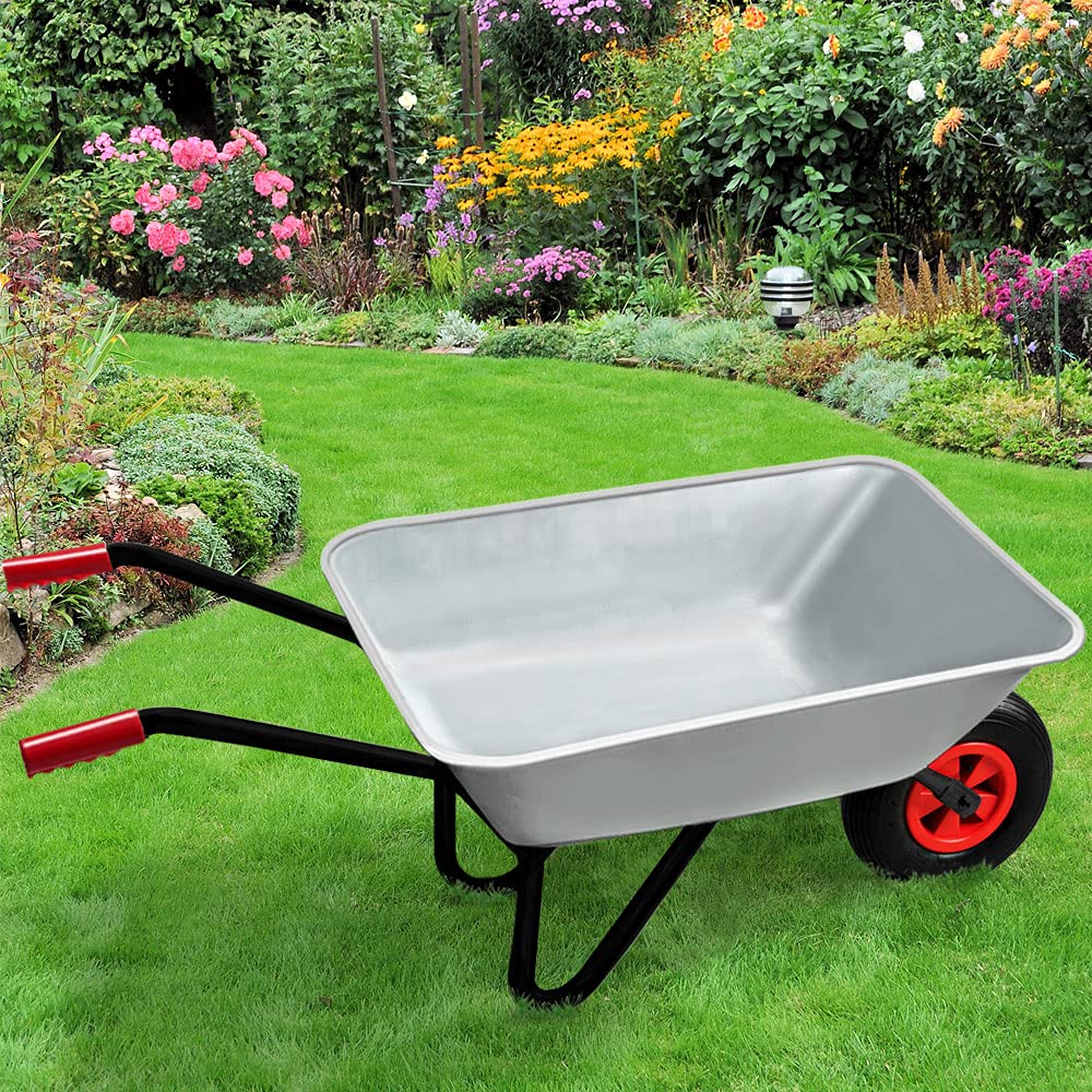 GARDEBRUK® Carretilla de Obra Acero Galvanizado Carga 100Kg 80L Herramienta para Jardinería Construcción