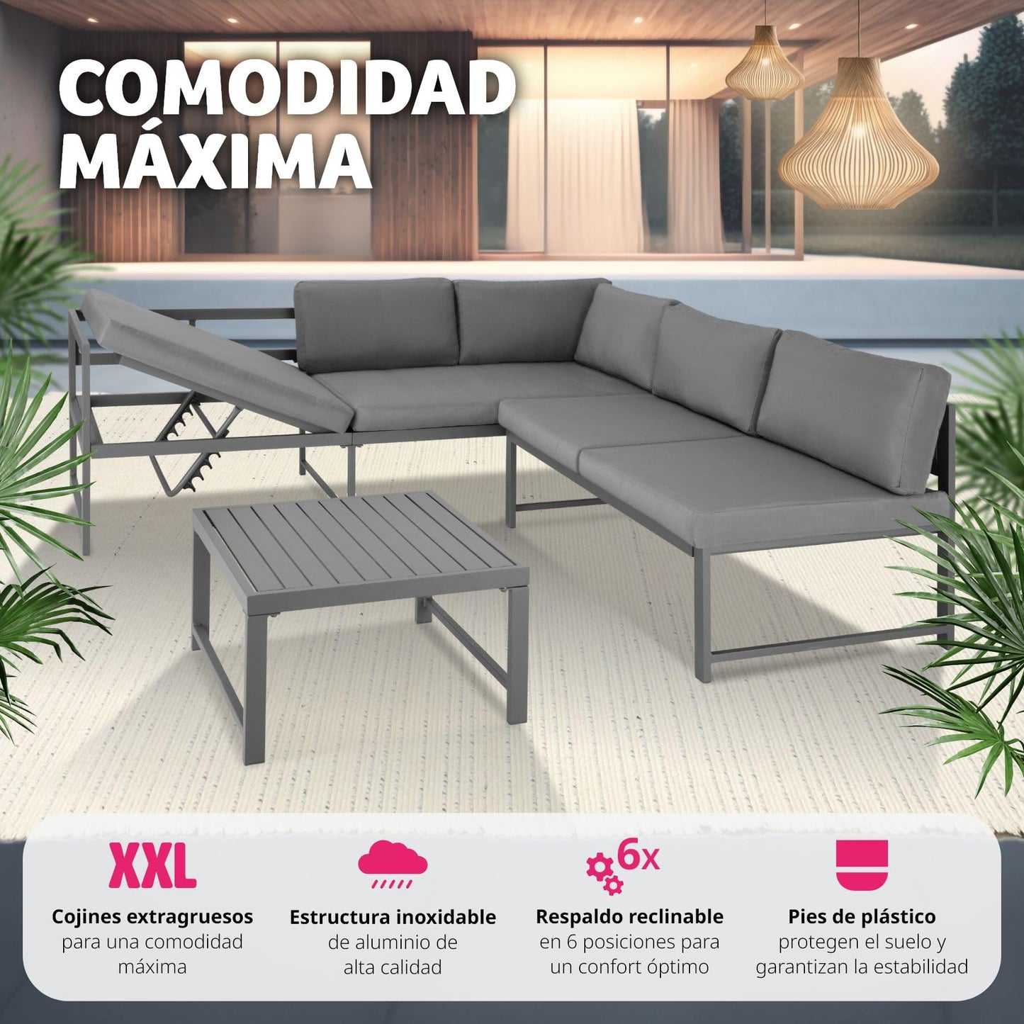 tectake® Conjunto Muebles Jardín Exterior Agrupables, 2 Sofás Reclinables con Cojines y 1 Mesa, Mesa y Sillas Terraza Impermeables y Resistentes a Intemperie, Estructura de Aluminio - Mesa con Láminas