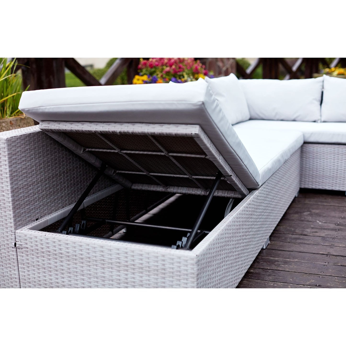 Concept-Usine | Mobiliario de Jardín Fidji, Resina Trenzada Color Gris para 10 Personas, Sofá Grandes con Asiento Reclinable, 4 Pufs y Almacenamiento. Mesa Alta con Vidrio Templado.