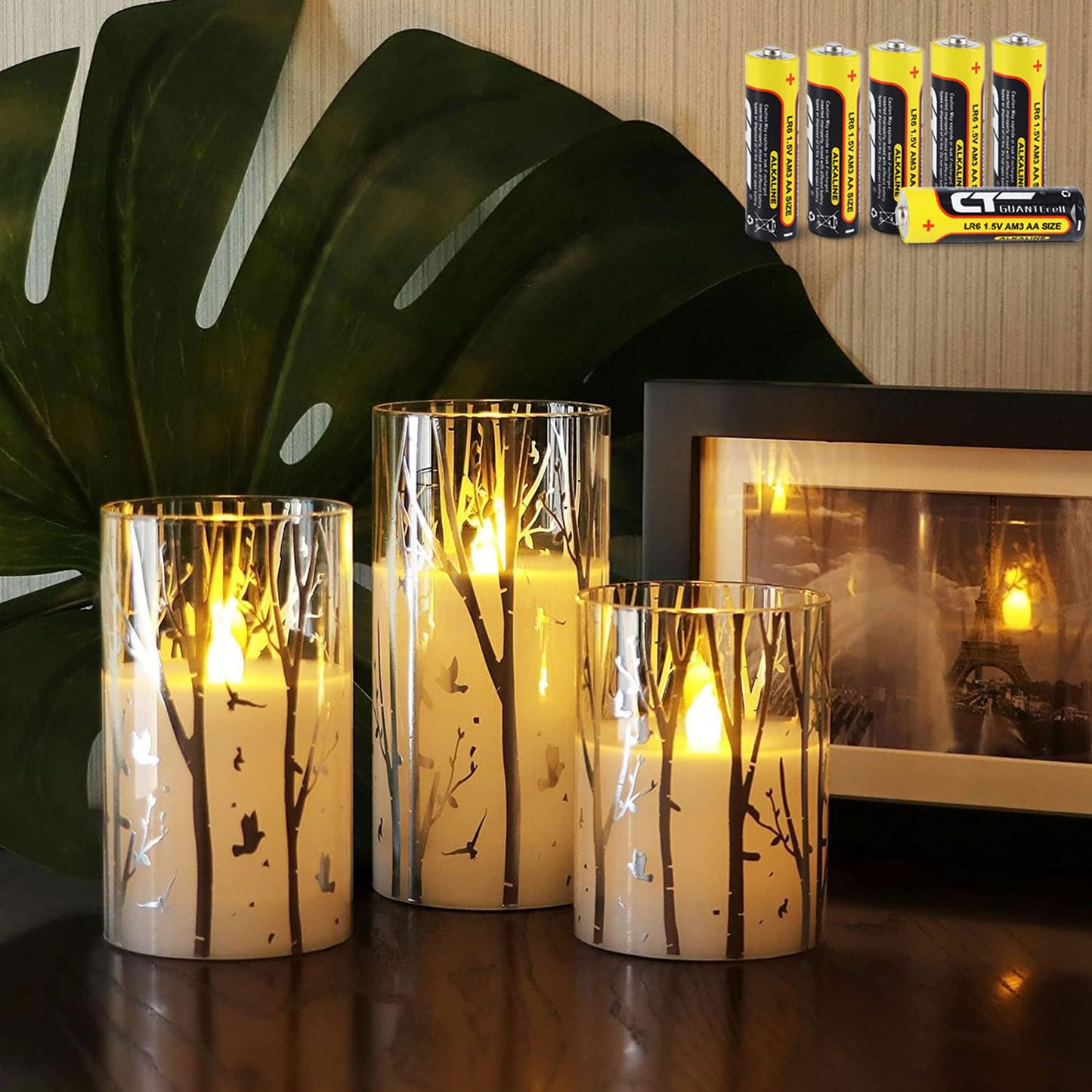 Rhytsing 3 Velas blancas led de Cristal con Mando para Navidad, Velas a Pilas con Temporizador Decorativas Diseño de Abedul, Altura 10cm / 12,5cm / 15cm (Abedul)