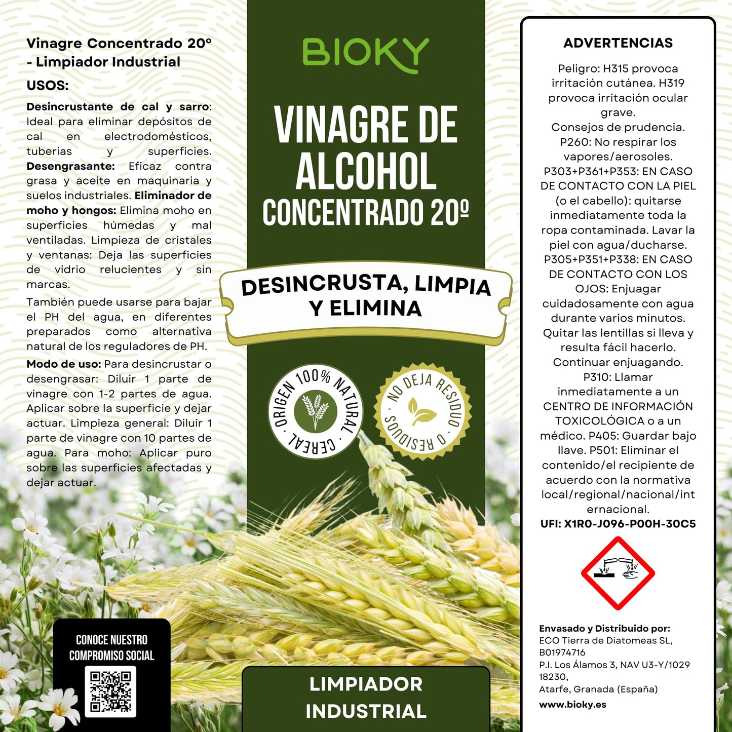 Bioky® Vinagre Concentrado al 20% - 1L – Origen Natural de Alcohol de Cereal – Sin Residuo - Acción Limpiador Profundo - Elimina Moho y Hongos (1L)