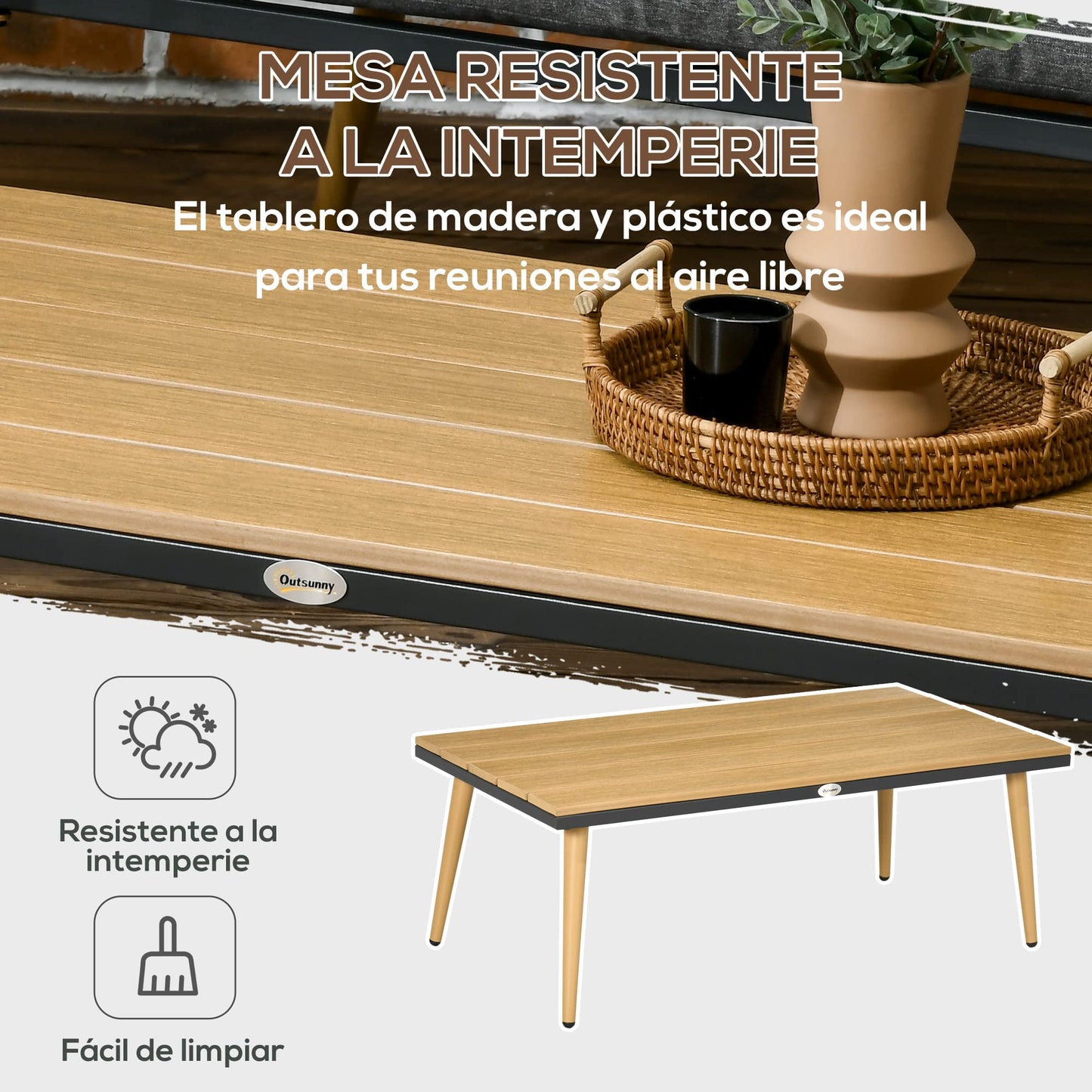 Outsunny Juego de Muebles de Jardín de Ratán 4 Piezas Juego de Conversación Incluye Sofá de 2 Plazas 2 Sillones y Mesa de Centro de Tablero de Madera y Plástico Cojines para Terraza Patio Gris