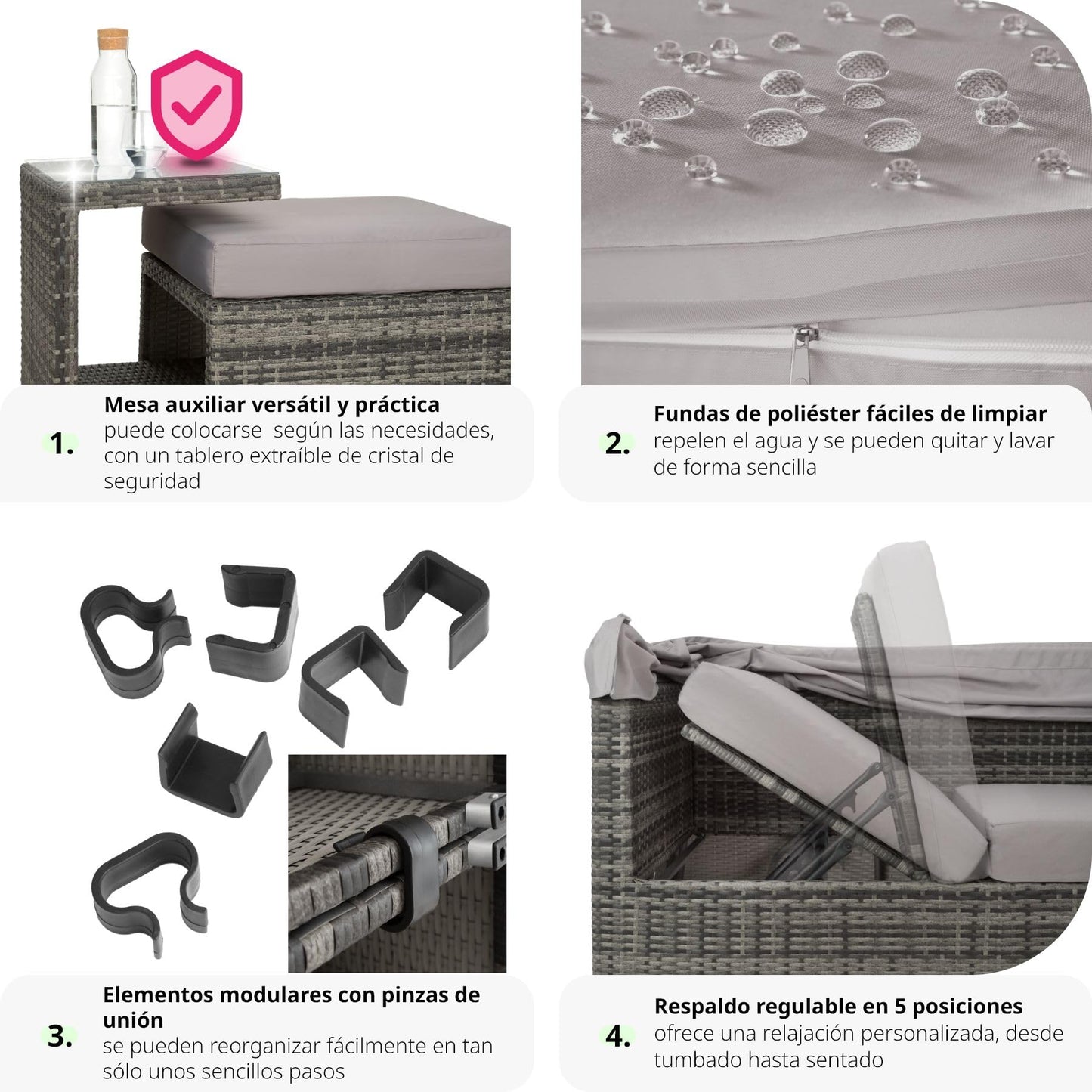 TecTake® Conjunto Jardín de Ratán con Cojines Grosor 10 cm, Muebles Jardín Exterior 2 Sofás, 2 Sillones, 1 Taburete, Conjunto Terraza Resistente a la Intemperie, Respaldo Ajustable, Sin Montaje - Gris
