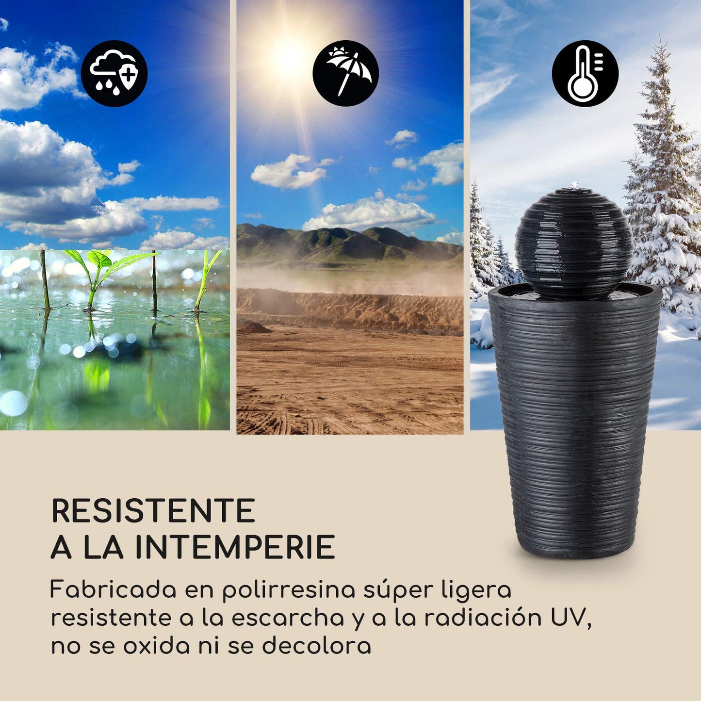 Blumfeldt Liquitorre XL Fuente Solar - Bomba de 200 l/h / IPX8, Panel Solar fotovoltaico de 2 W / 300 cm², Batería de 8 h de duración / 3,7 V / 2 Ah, Exteriores, Iluminación LED, Poliresina, Negro