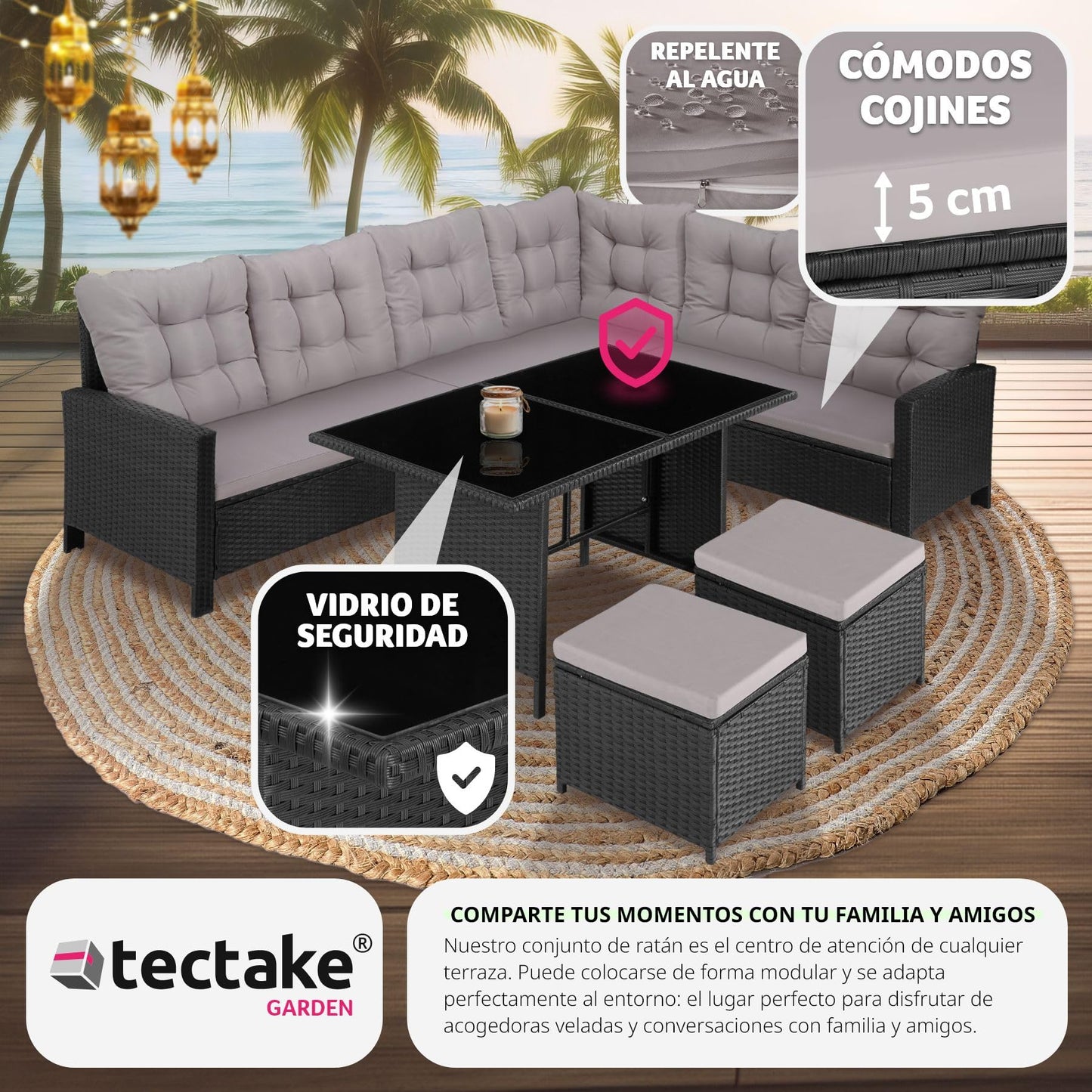 TecTake® Conjunto Jardín de Ratán con Mesa y Cojines, Conjunto Terraza Resistente a la Intemperie y Combinable, Muebles Jardín Exterior 5 Piezas, Sofá de Esquina, 2 Taburetes y 1 Mesa, Acero - Negro