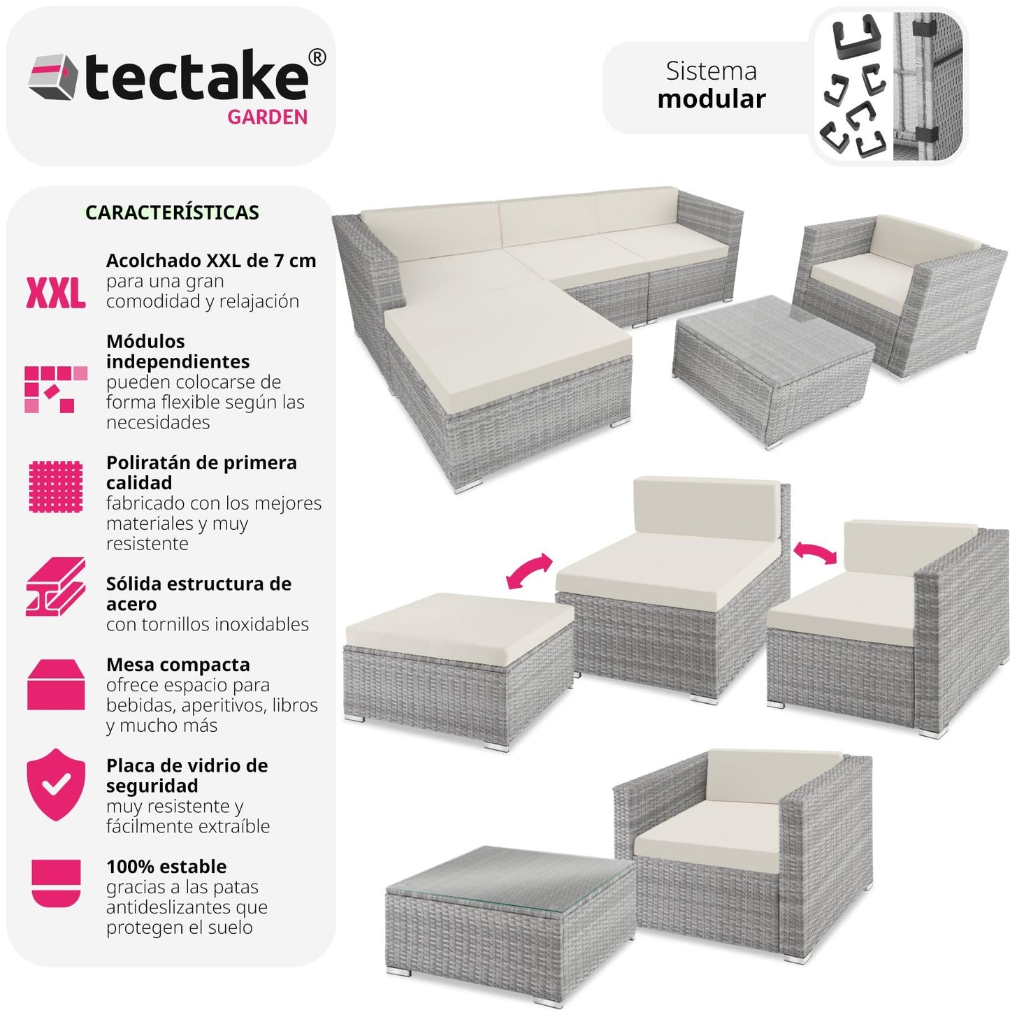 TecTake® Conjunto Jardín de Ratán, Muebles Jardín Exterior 4 Sillones, 1 Mesa Cristal, 1 Sillón Puf, Conjunto Terraza Resistente a la Intemperie, con Cojines, Modular, Estructura en Acero - Gris Claro
