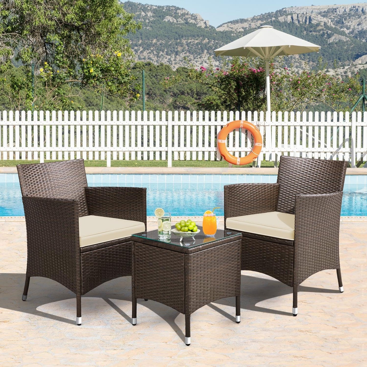 Yaheetech Conjunto de Muebles de Jardín Exterior Juego de Sillas y Mesa Terraza con Cojines Sillas de Ratán PE para Balcon