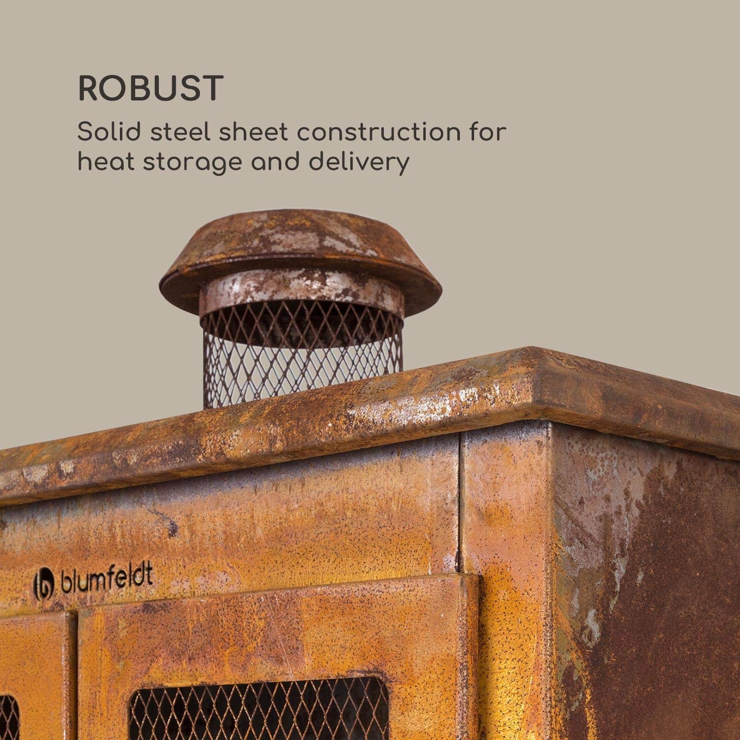 blumfeldt Flame Locker Chimenea de Exteriores - Horno de terraza, Rústico: Aspecto Oxidado, Brasero de 58 x30 cm, Depósito de Cenizas, FireView, Estructura de Acero sólida, Marrón Oscuro
