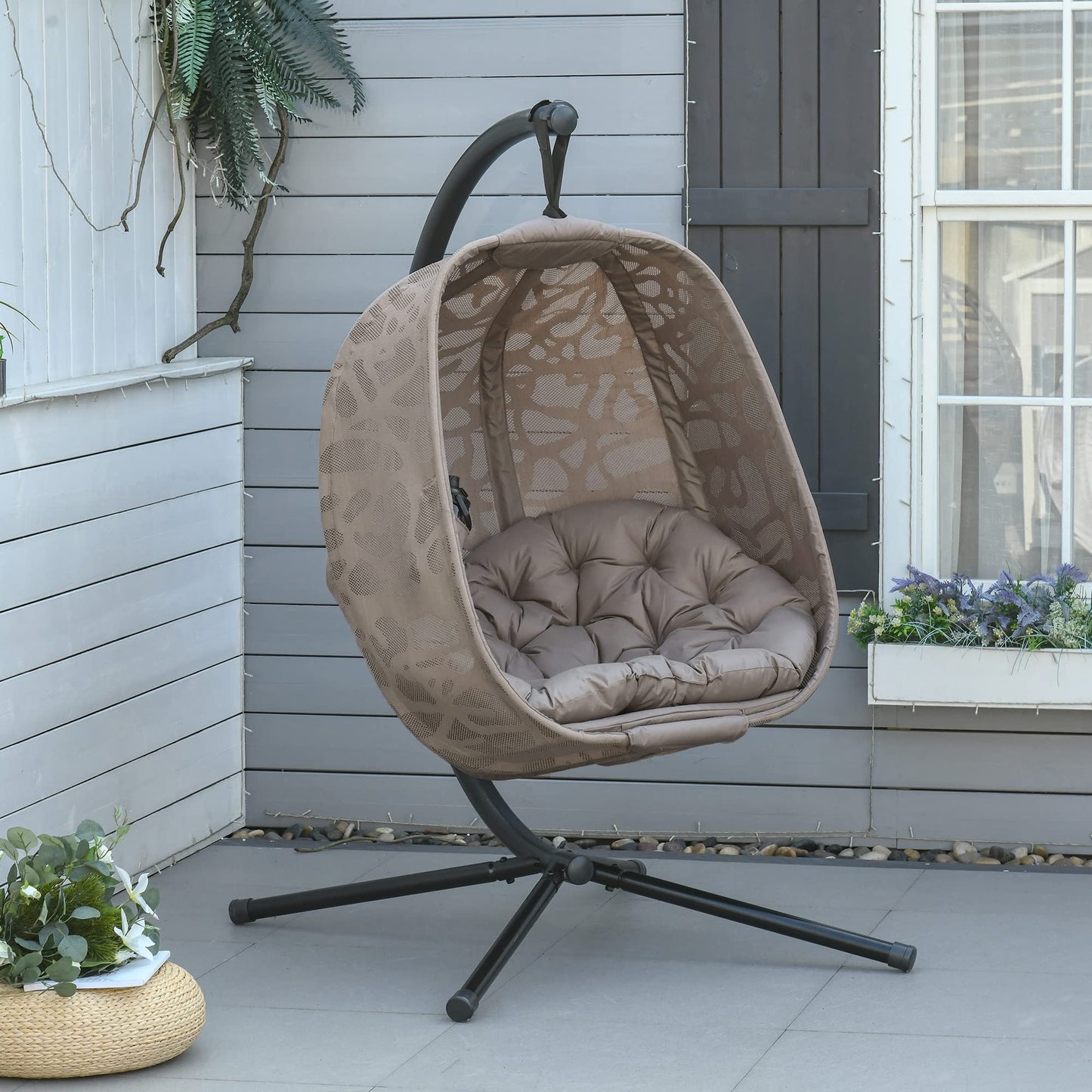 Outsunny Silla Colgante con Soporte de Acero Sillón Colgante Hamaca con Cesta Plegable y Cojines para Interiores y Exterior Carga 120 kg 126x96x172 cm Marrón