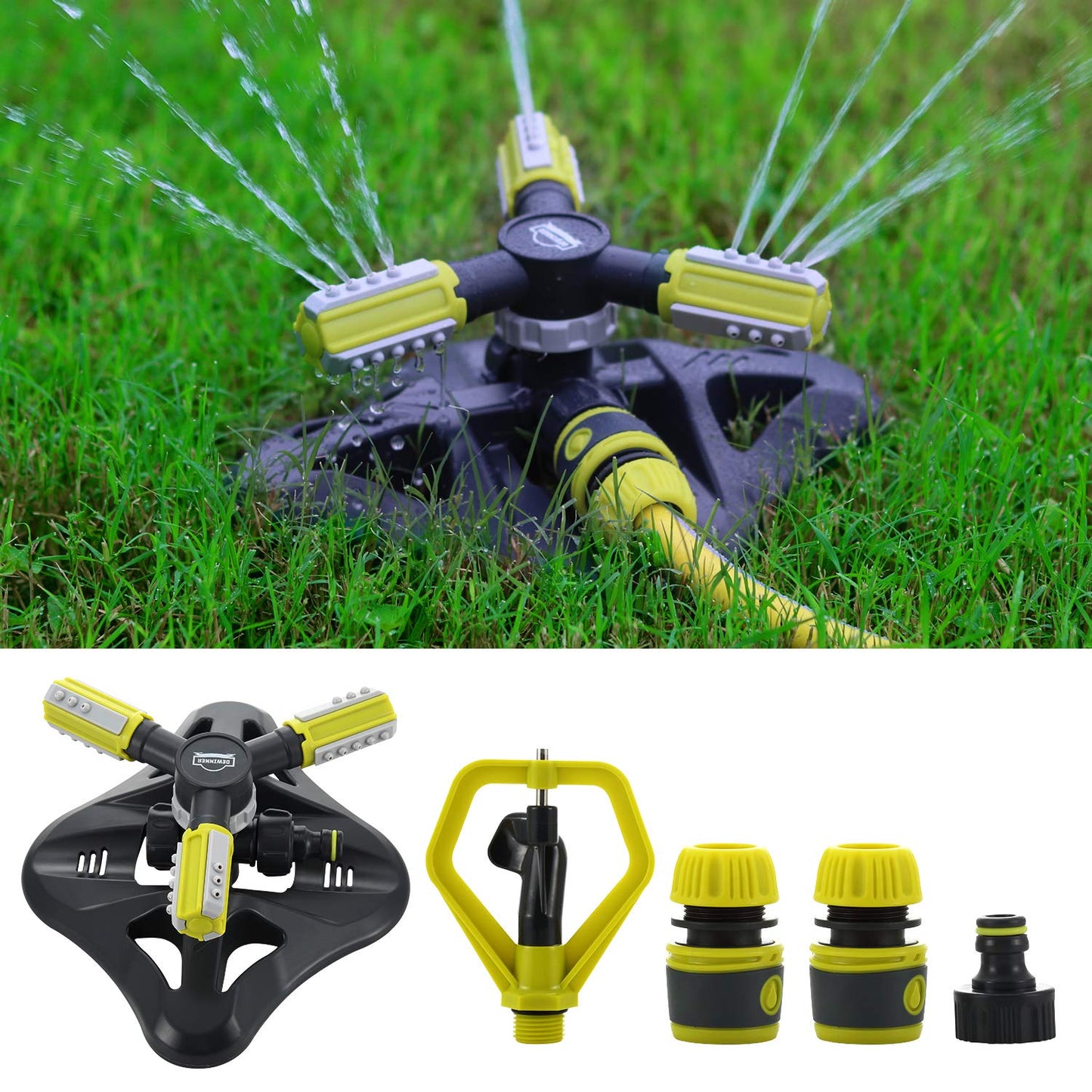 DEWINNER Aspersor de Jardín Automático, Aspersor Giratorio de Césped de 360 °, Suministros de Jardinería Ajustables, Sistema de Riego con Boquilla de 3 Brazos para Equipos