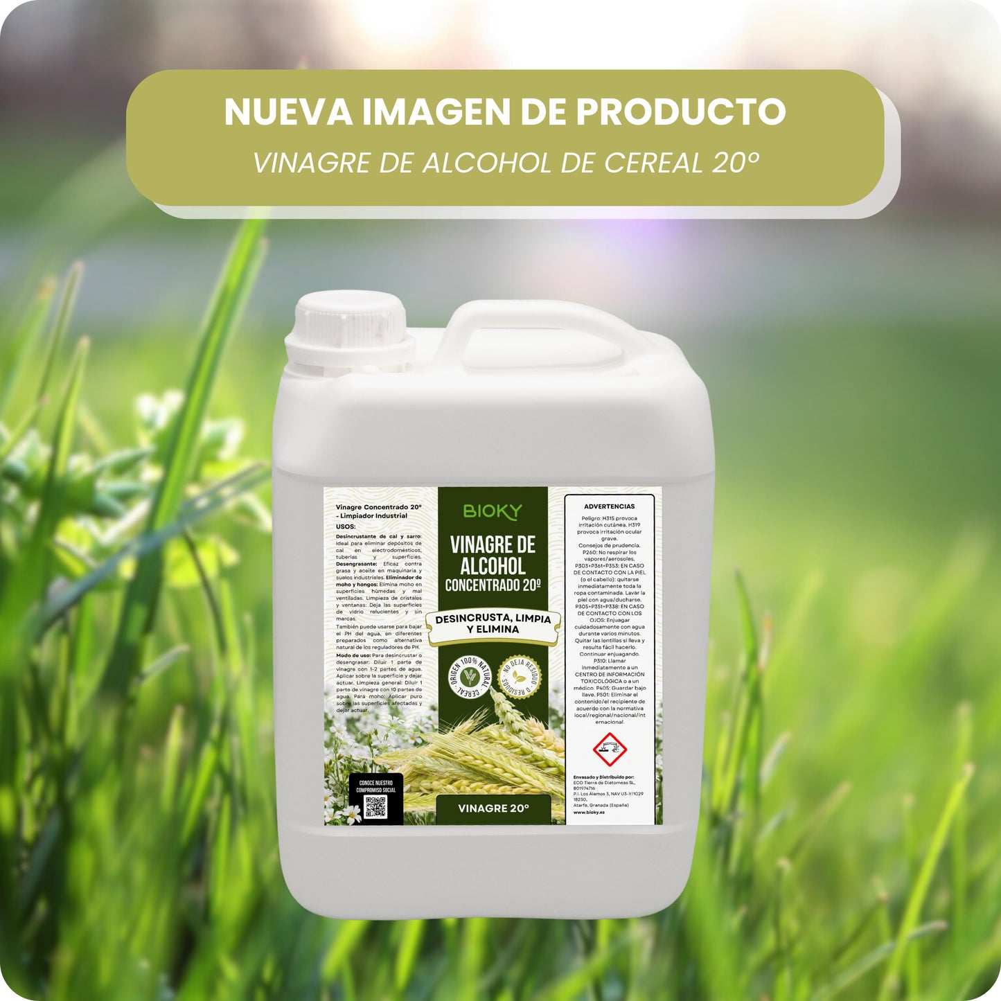 Bioky® Vinagre Concentrado al 20% - 1L – Origen Natural de Alcohol de Cereal – Sin Residuo - Acción Limpiador Profundo - Elimina Moho y Hongos (1L)