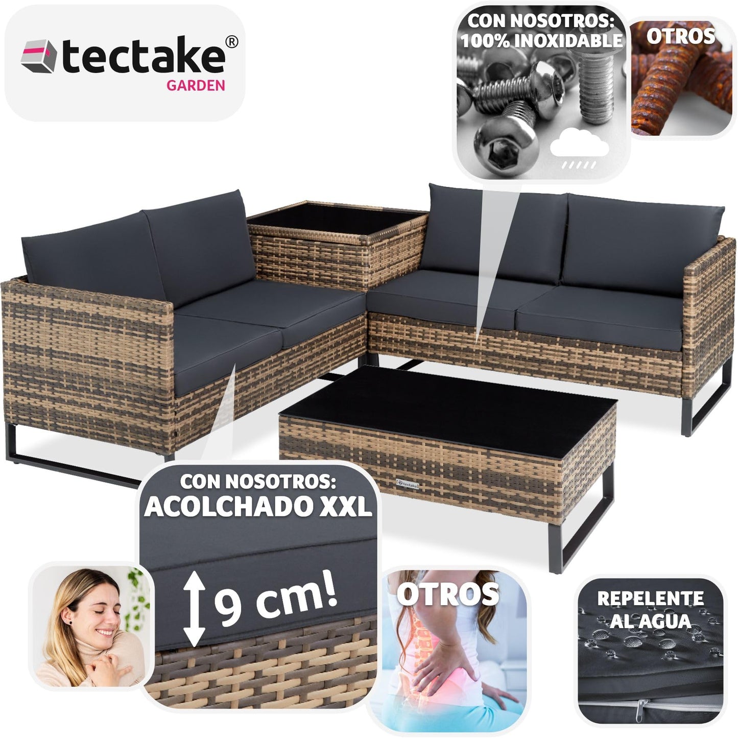 tectake® Conjunto Jardín de Ratán con Cojines Gruesos, Muebles Jardín Exterior 2 Sofás, 1 Mesa Cristal, 1 Caja Almacenamiento, Conjunto Terraza Resistente a la Intemperie, Estructura Acero - natural