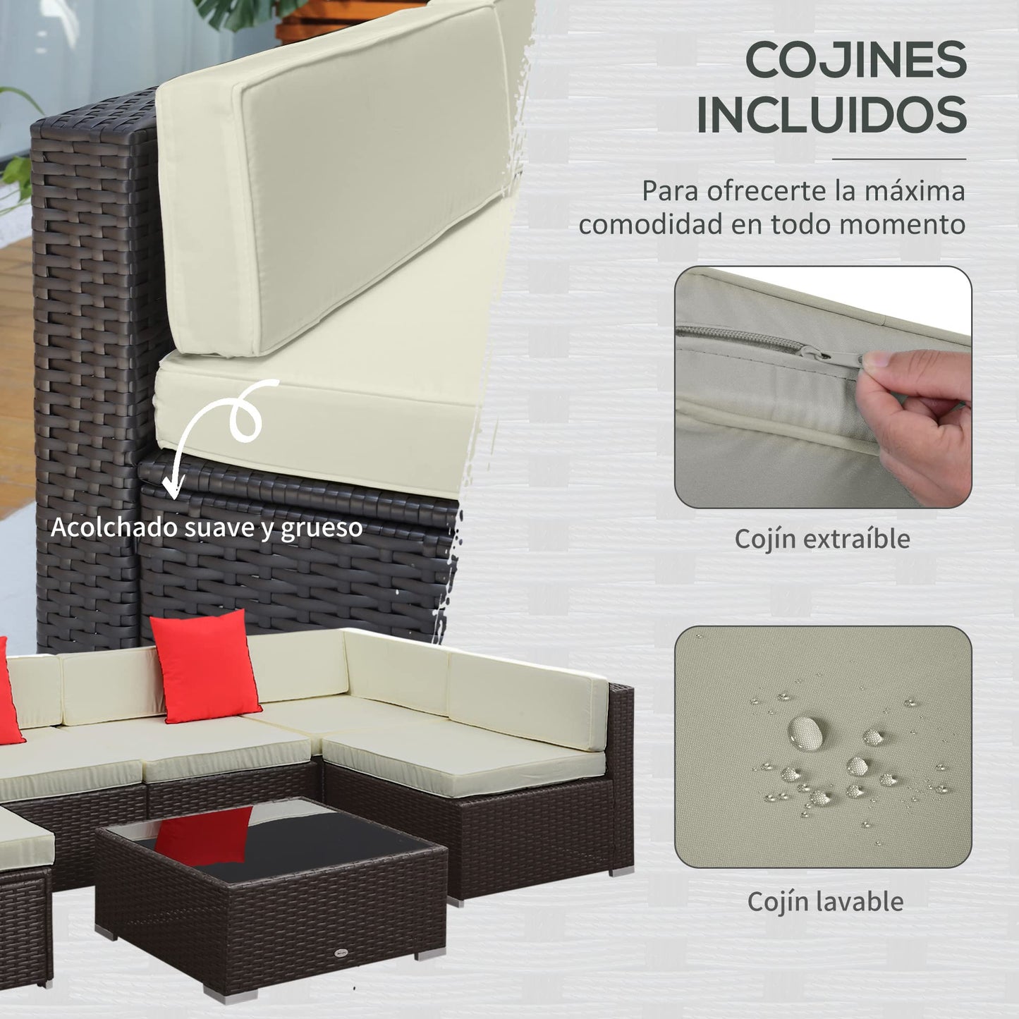 Outsunny Conjunto Muebles de Jardín Ratán 7 Piezas Set de Sofás Patio con 1 Mesita Almohada y Cojín Incluido Marco Acero Resistente Intemperie UV para Exterior Marrón