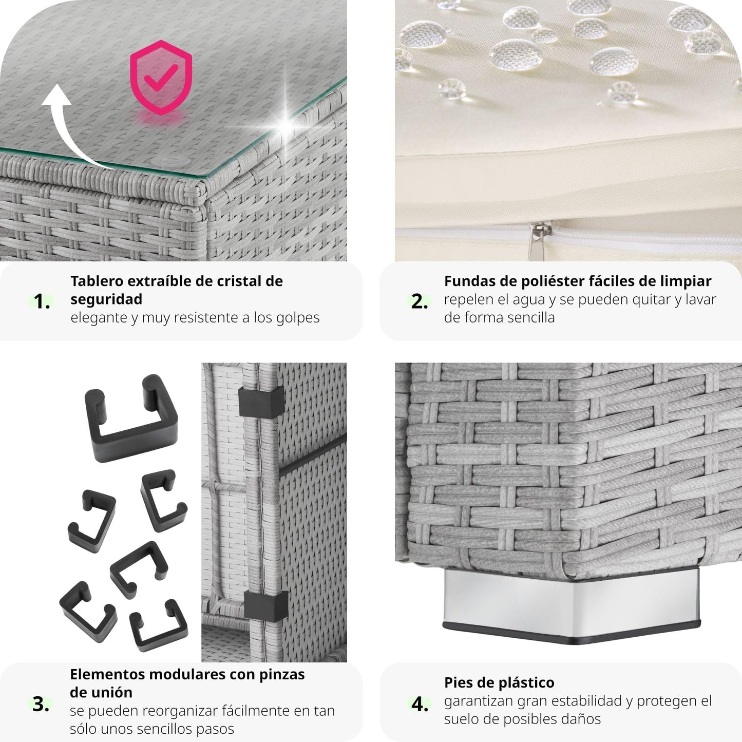TecTake® Conjunto Jardín de Ratán, Muebles Jardín Exterior 4 Sillones, 1 Mesa Cristal, 1 Sillón Puf, Conjunto Terraza Resistente a la Intemperie, con Cojines, Modular, Estructura en Acero - Gris Claro