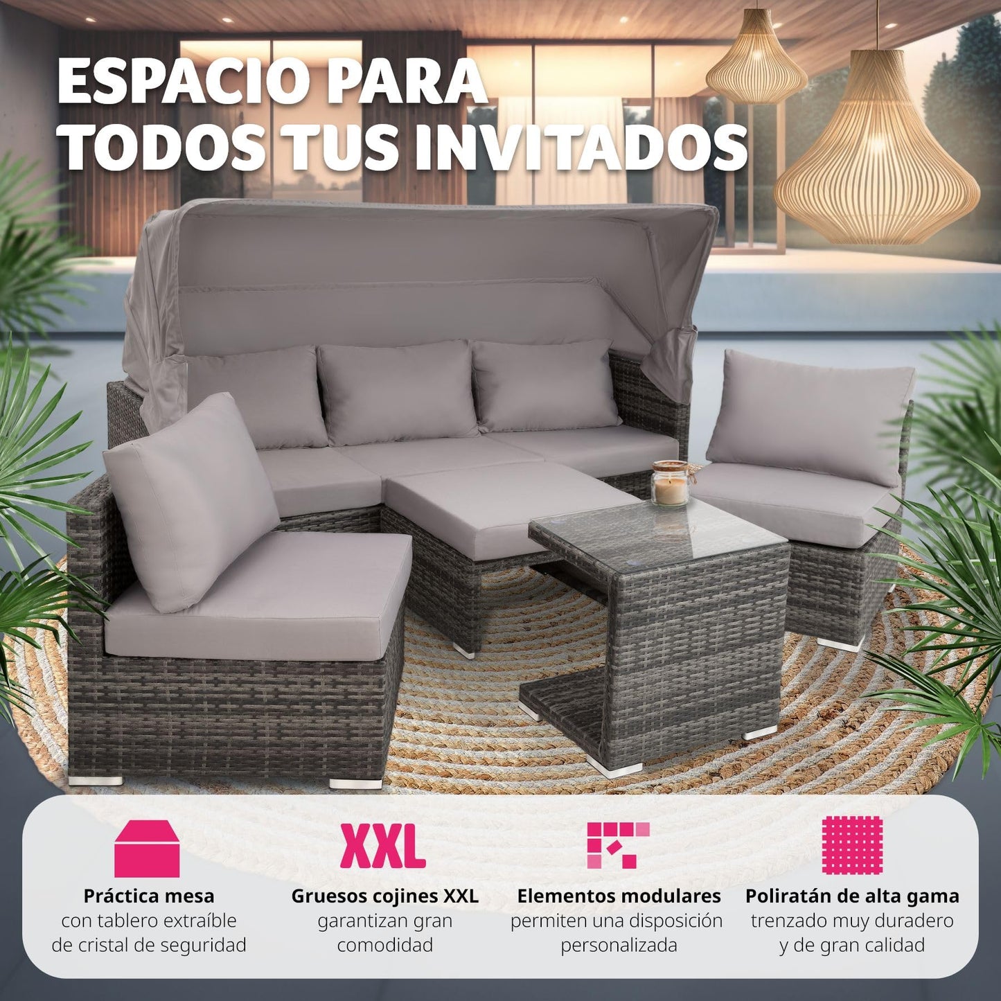 TecTake® Conjunto Jardín de Ratán con Cojines Grosor 10 cm, Muebles Jardín Exterior 2 Sofás, 2 Sillones, 1 Taburete, Conjunto Terraza Resistente a la Intemperie, Respaldo Ajustable, Sin Montaje - Gris