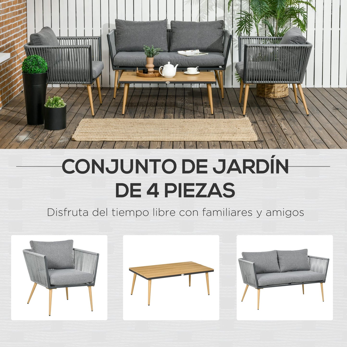 Outsunny Juego de Muebles de Jardín de Ratán 4 Piezas Juego de Conversación Incluye Sofá de 2 Plazas 2 Sillones y Mesa de Centro de Tablero de Madera y Plástico Cojines para Terraza Patio Gris