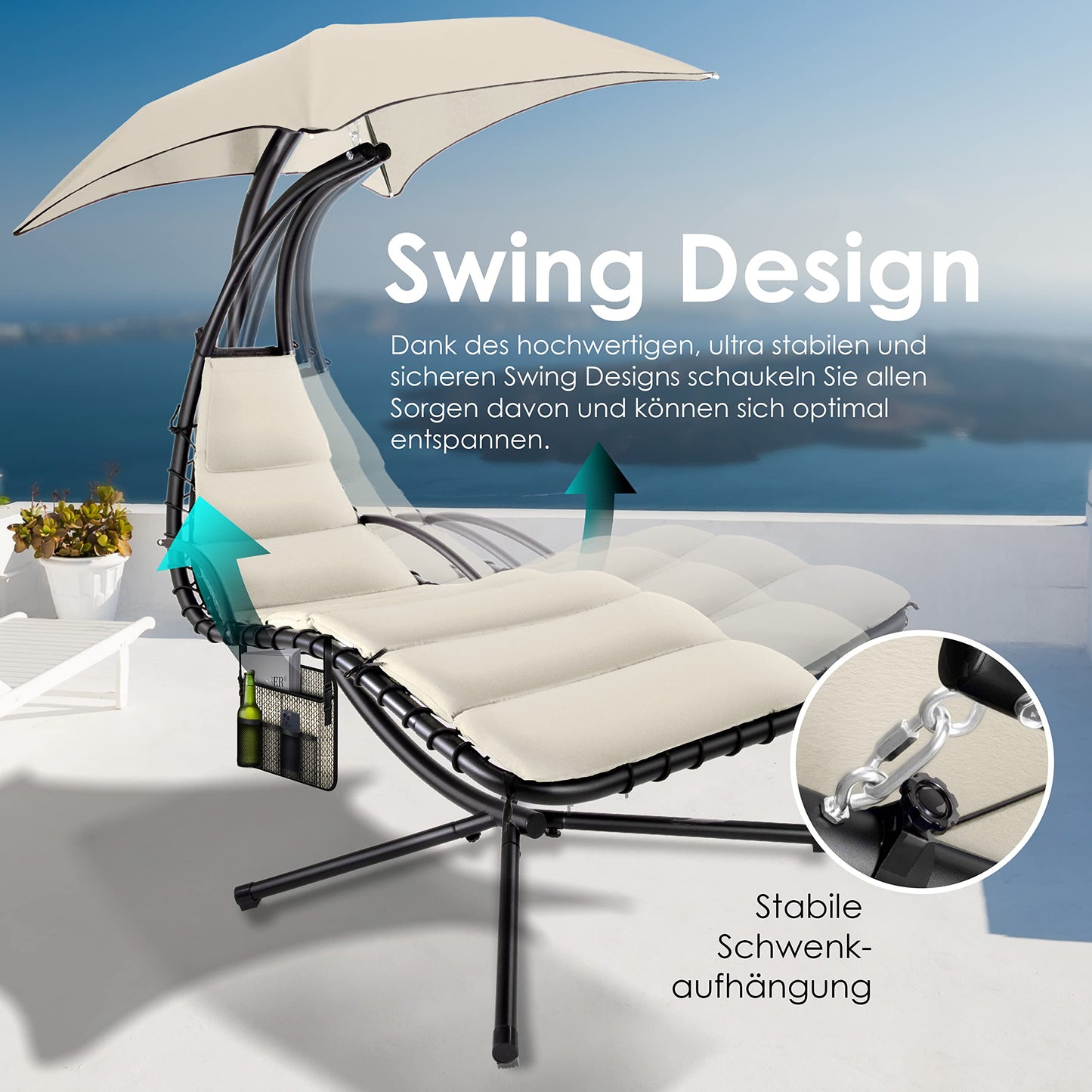 KESSER® Tumbona Flotante con Sombrilla | Hamaca Colgante Solar H200, L194, A100 cm | Reclinable Capacidad hasta 120 kg | Tumbona de Balanceo con Cojines y Almohada, Incluye Bolsa, Beige