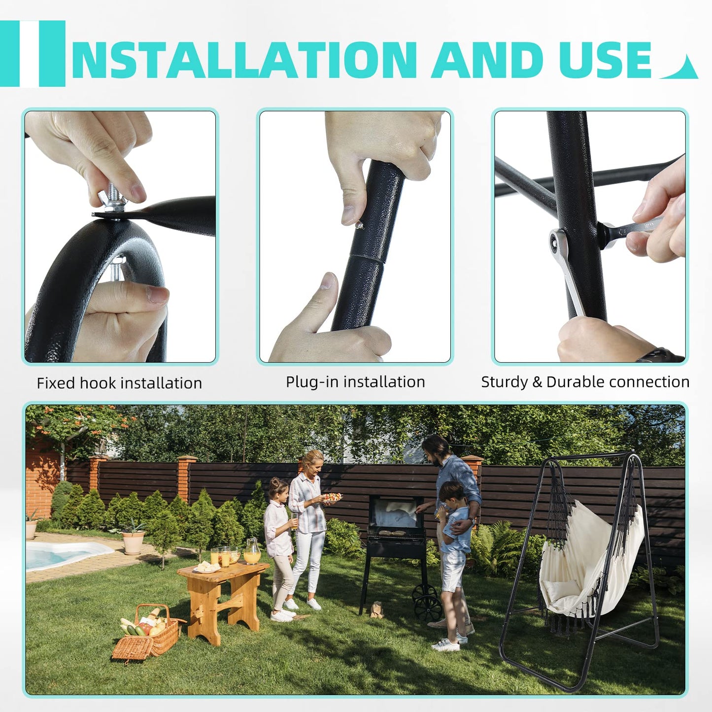 CCLIFE Silla Hamaca Colgante con Soporte, Columpio con Conjines, Carga Máxima 100 kg, para Interior y Exterior Beige