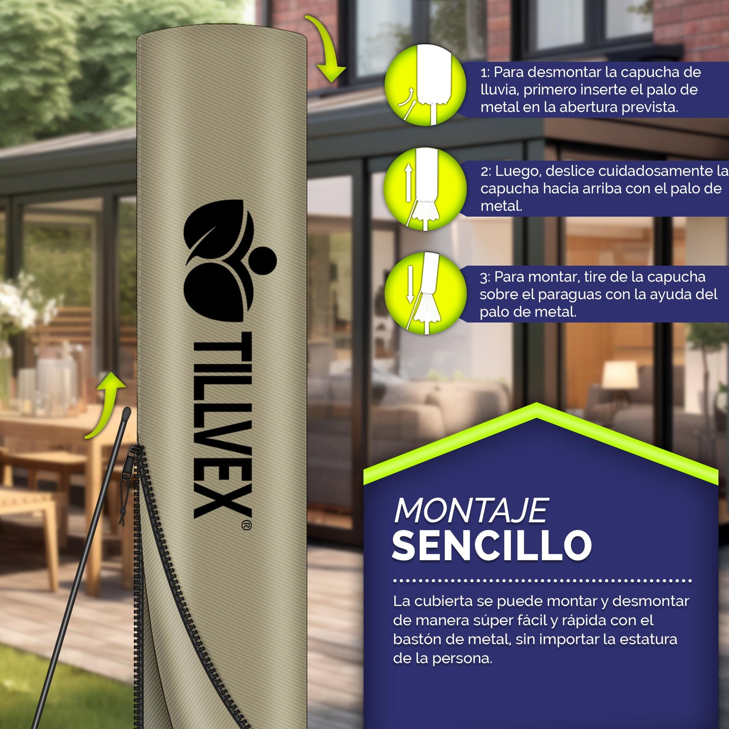 tillvex 300 cm Sombrilla Excentrico con Manivela, Funda y Protectora de cabrestante | Parasol para Terraza Jardín Balcón Patio | Giratorio 360º, Protección UV