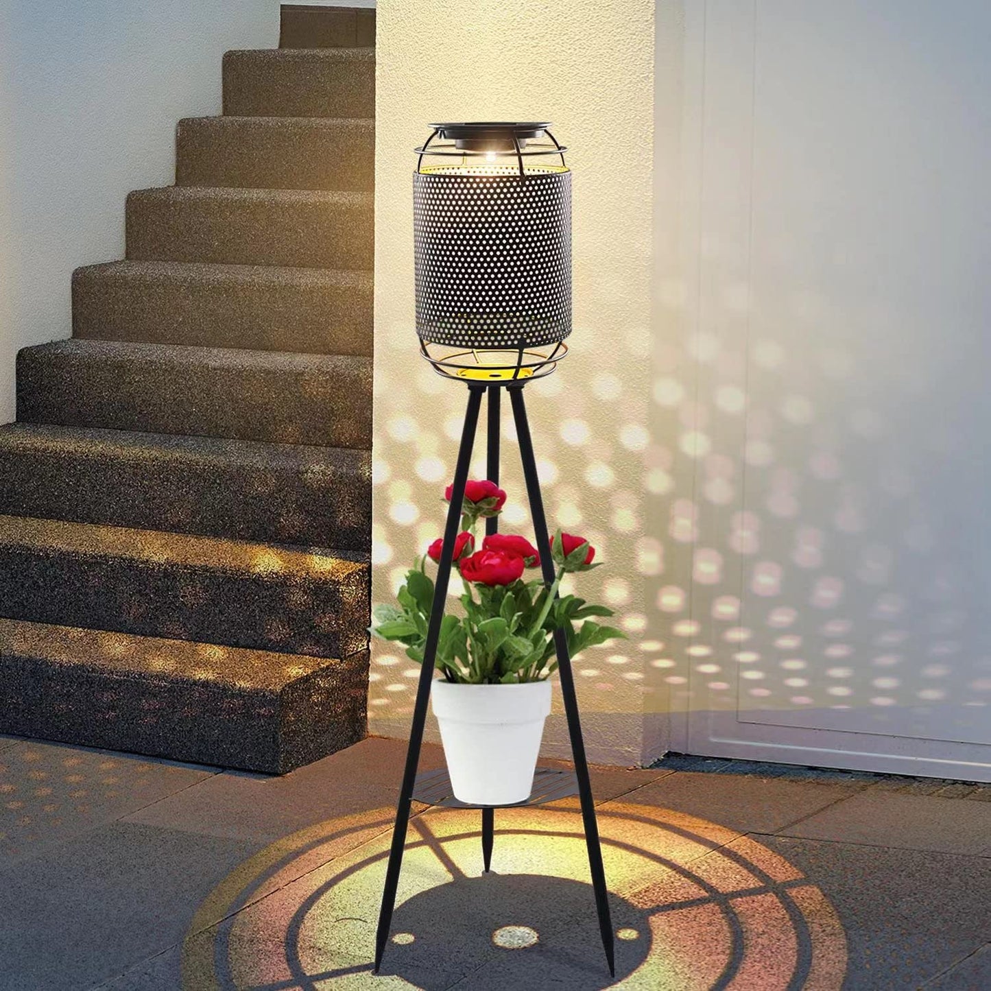 JJALIGHTS Lámpara solar de pie con tres patas, resistente al agua, LED, para patio, cubierta, césped, patio, jardín, camino (negro)
