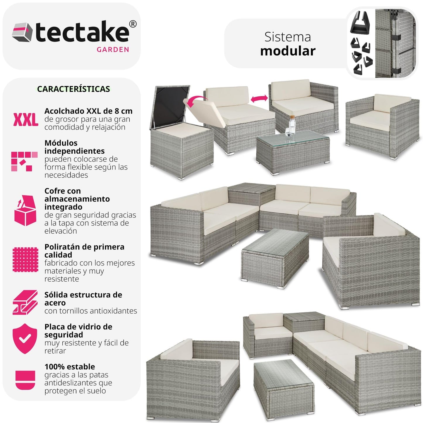 TecTake® Conjunto Jardín de Ratán, Muebles Jardín Exterior 5 Sillones, 1 Mesa Cristal, 1 Caja Almacenamiento, Conjunto Terraza Resistente a la Intemperie, con Cojines, Estructura en Acero - Gris Claro