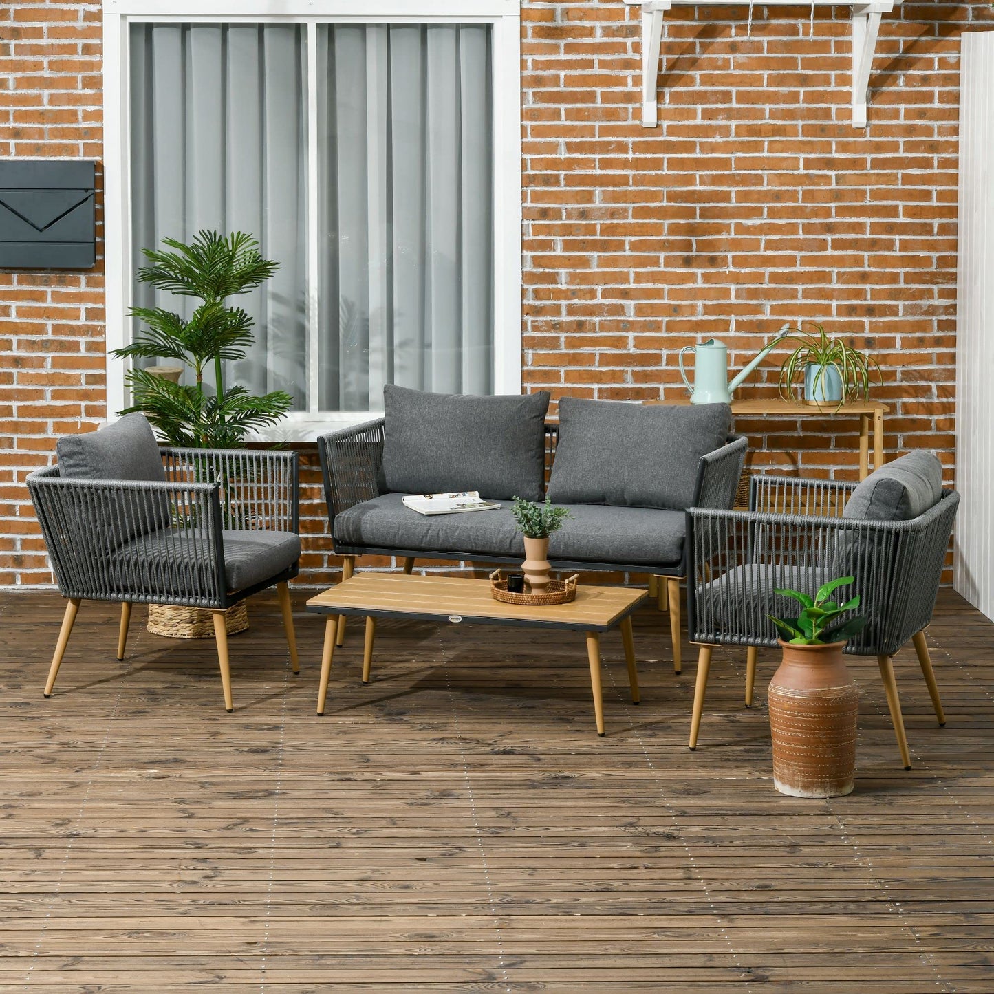 Outsunny Juego de Muebles de Jardín de Ratán 4 Piezas Juego de Conversación Incluye Sofá de 2 Plazas 2 Sillones y Mesa de Centro de Tablero de Madera y Plástico Cojines para Terraza Patio Gris
