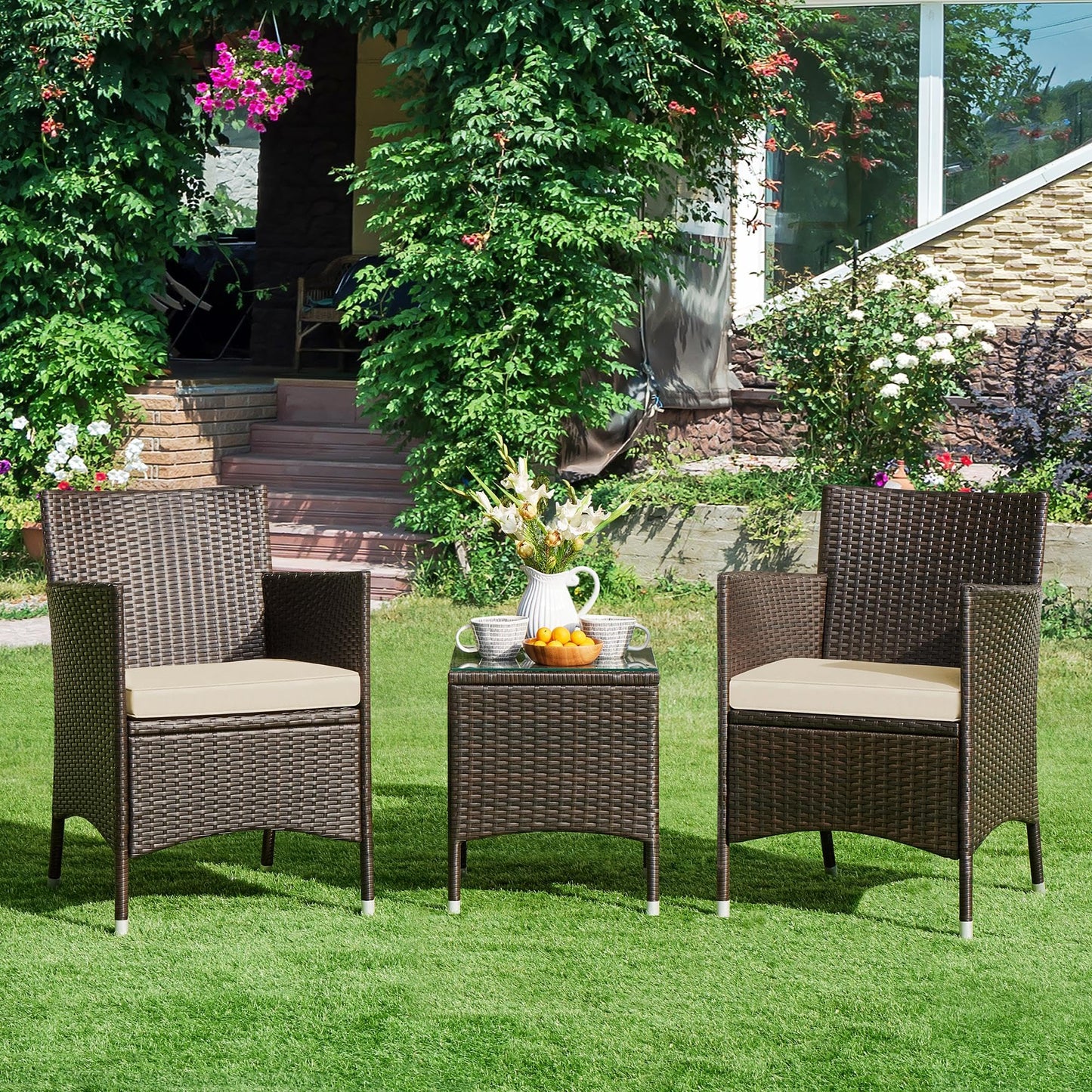 Yaheetech Conjunto de Muebles de Jardín Exterior Juego de Sillas y Mesa Terraza con Cojines Sillas de Ratán PE para Balcon