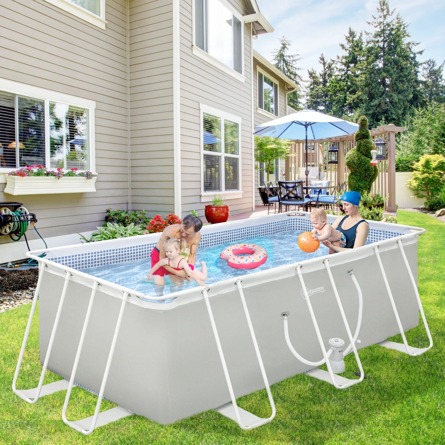 Outsunny Piscina Desmontable 440x240x122 cm Piscina Rectangular de Exterior con Depuradora de Cartucho 4,000 L/H y Marco de Acero 9760 L Gris