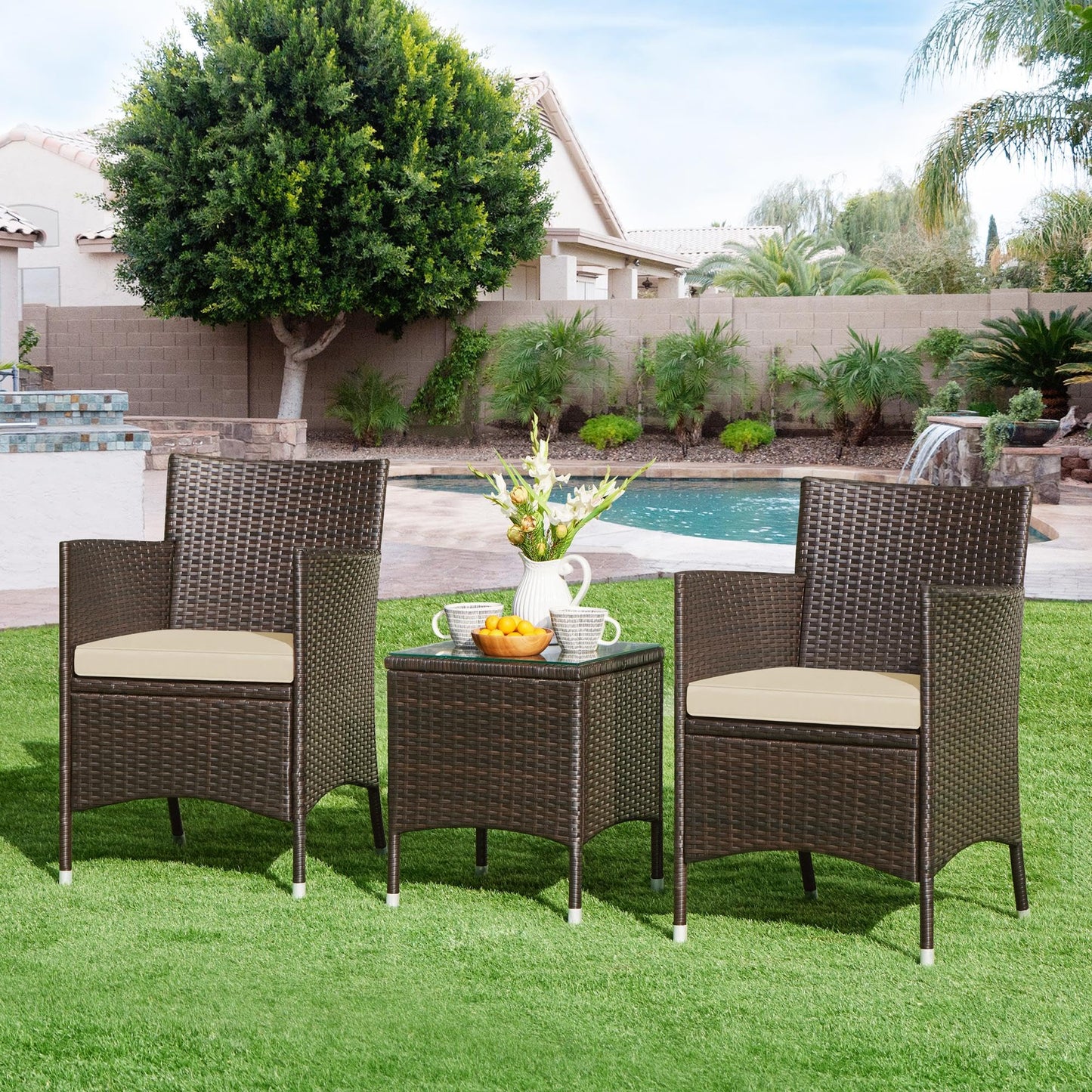 Yaheetech Conjunto de Muebles de Jardín Exterior Juego de Sillas y Mesa Terraza con Cojines Sillas de Ratán PE para Balcon