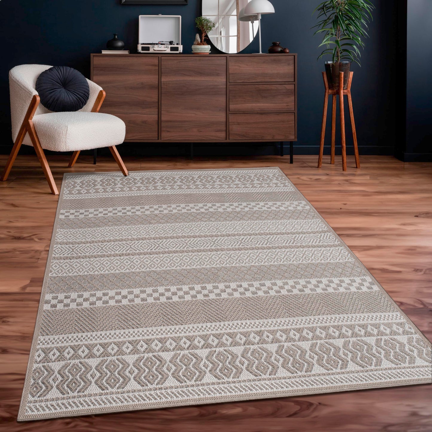 Paco Home Alfombra Exterior Interior Balcón Terraza Cocina Motivo Boho Étnico Moderno, tamaño:160x220 cm, Color:Beige