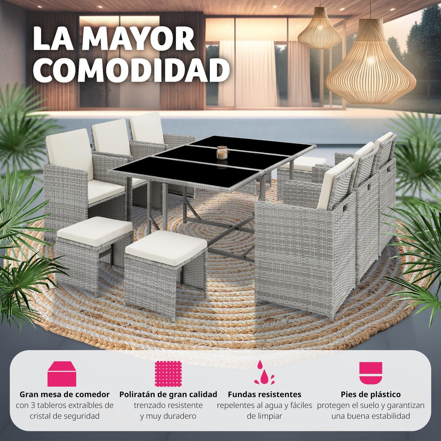 TecTake® Conjunto Jardín Exterior de Ratán y Acero, Agrupable en Cubo, Muebles Jardín Exterior Resistente a la Intemperie, para 6-10 Personas, Fundas Extraíbles y Funda Protectora - Gris Claro