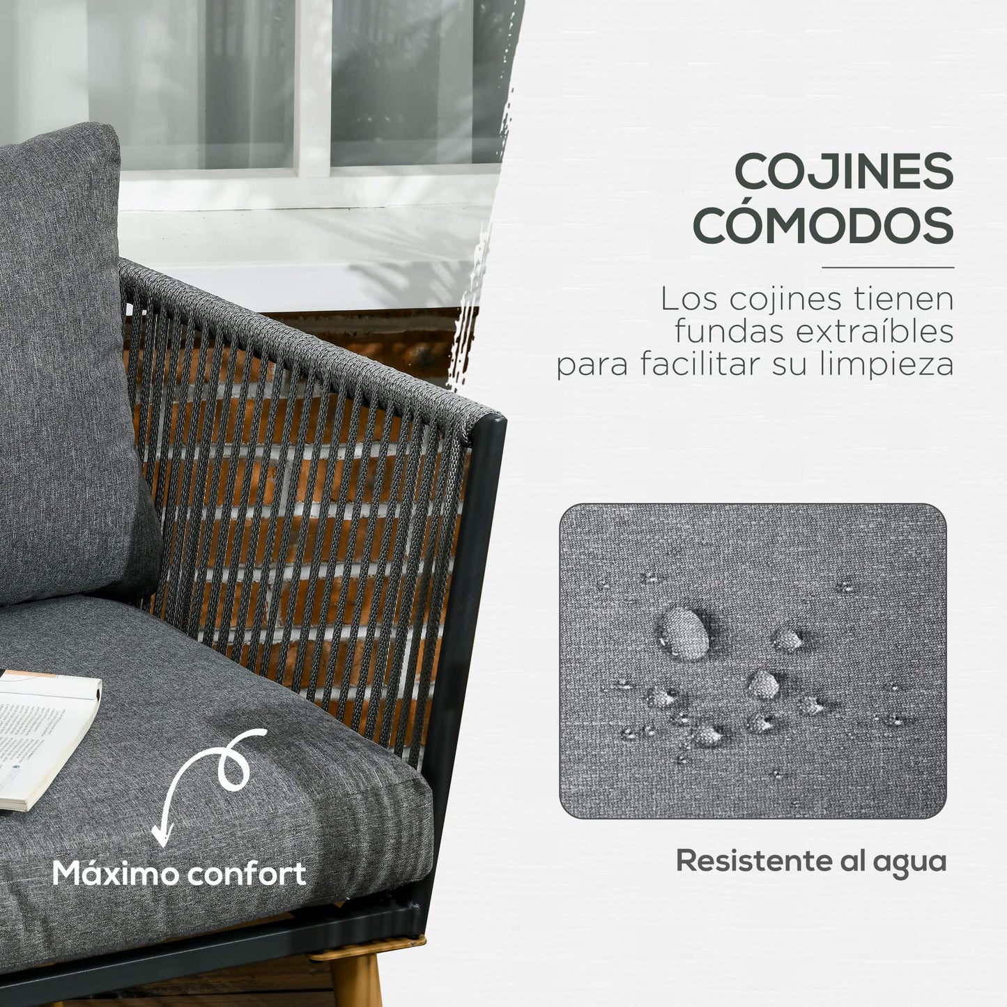 Outsunny Juego de Muebles de Jardín de Ratán 4 Piezas Juego de Conversación Incluye Sofá de 2 Plazas 2 Sillones y Mesa de Centro de Tablero de Madera y Plástico Cojines para Terraza Patio Gris