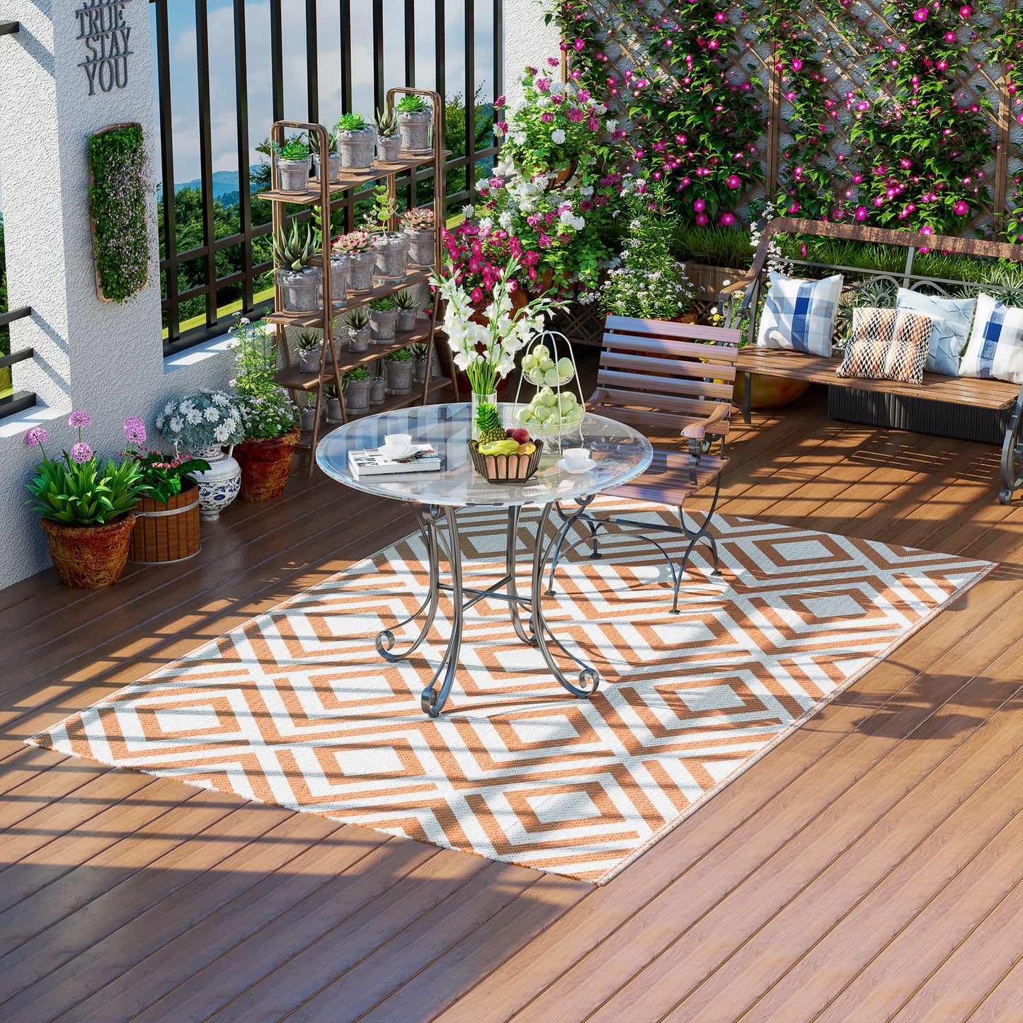 Outsunny Alfombra de Exterior 182x274 cm Alfombra Reversible Manta de Pícnic Estilo Moderno para Terraza Balcón Patio Camping Playa Marrón y Blanco