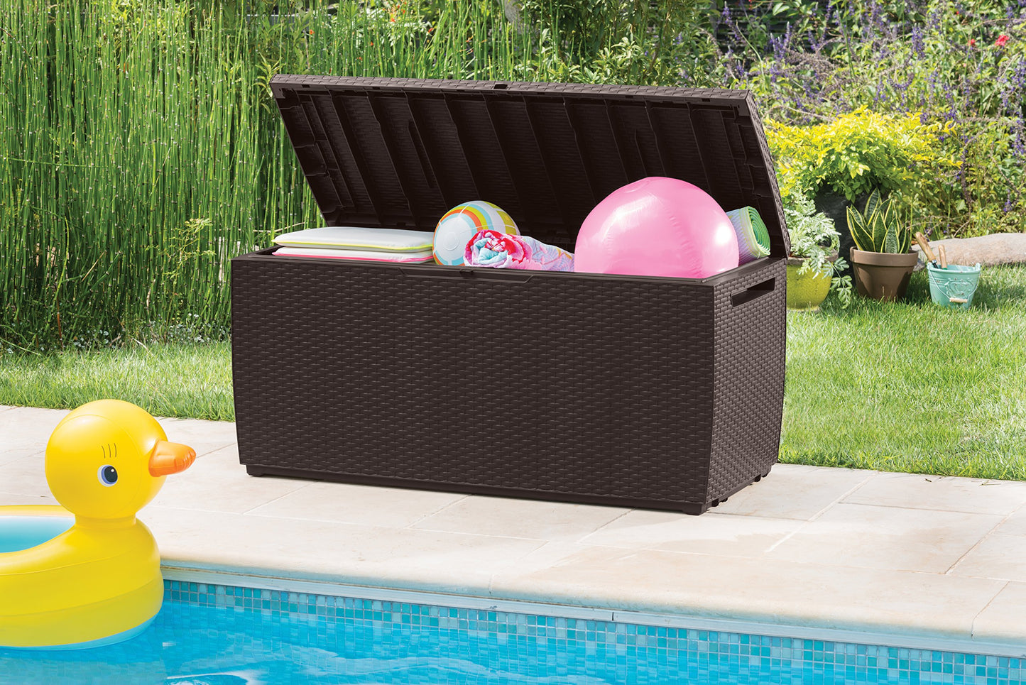 Keter Capri - Arcón exterior, Baúl almacenaje, Capacidad 305L, Resina, Color marrón, Ordenación jardín y terraza, 54 x 123 x 57 cm