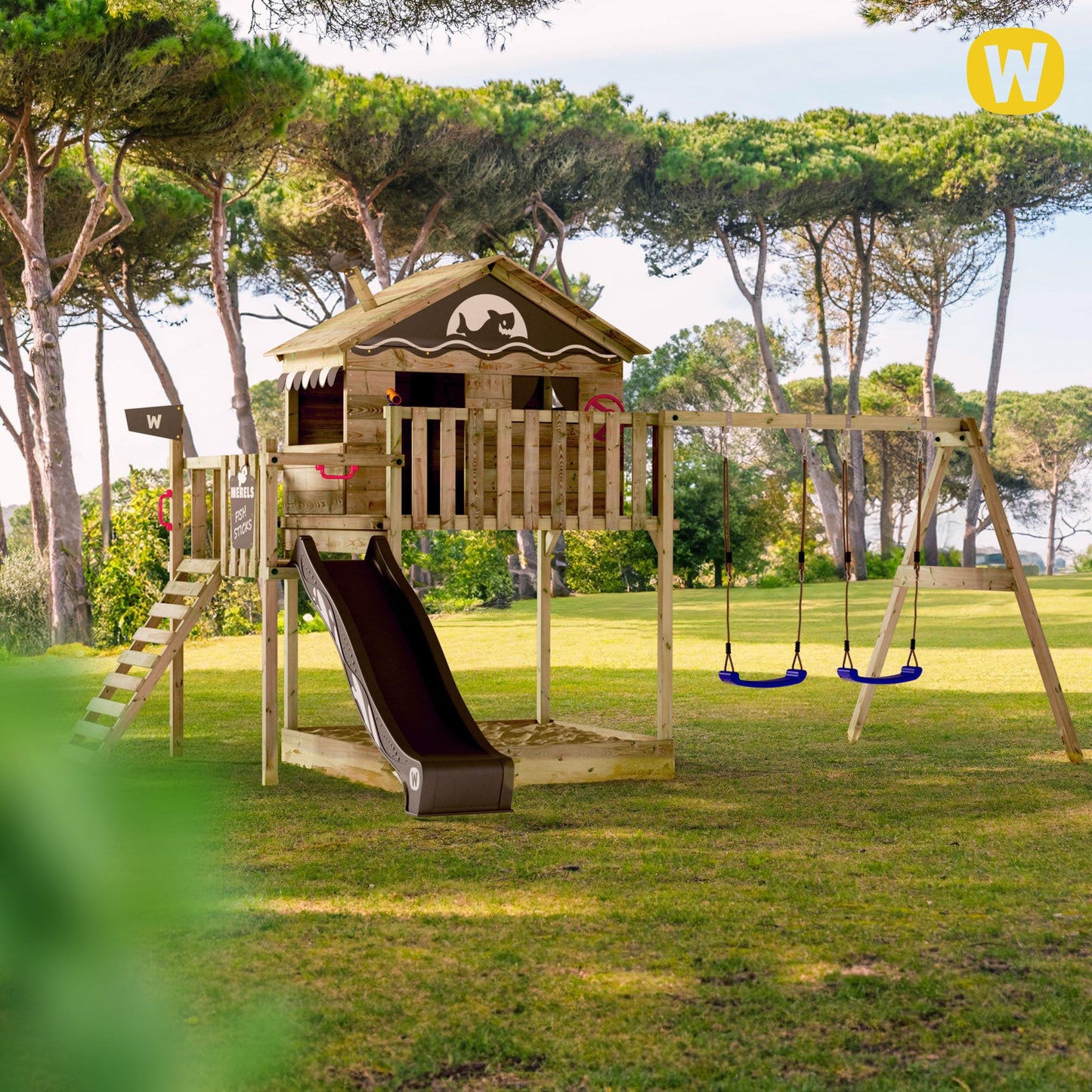 WICKEY Parque Infantil Smart Coast con Columpio y tobogán Rojo, Torre de Escalada Infantil de Exterior con arenero, Escalera y Accesorios de Juego para el jardín