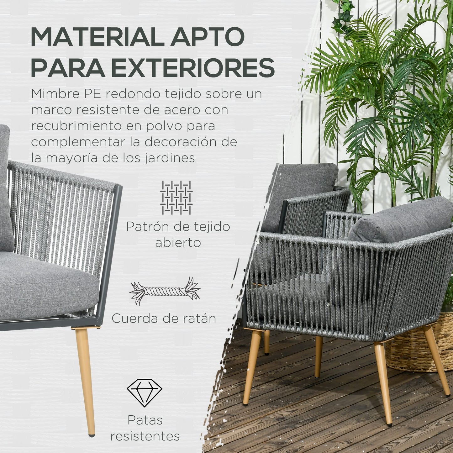 Outsunny Juego de Muebles de Jardín de Ratán 4 Piezas Juego de Conversación Incluye Sofá de 2 Plazas 2 Sillones y Mesa de Centro de Tablero de Madera y Plástico Cojines para Terraza Patio Gris