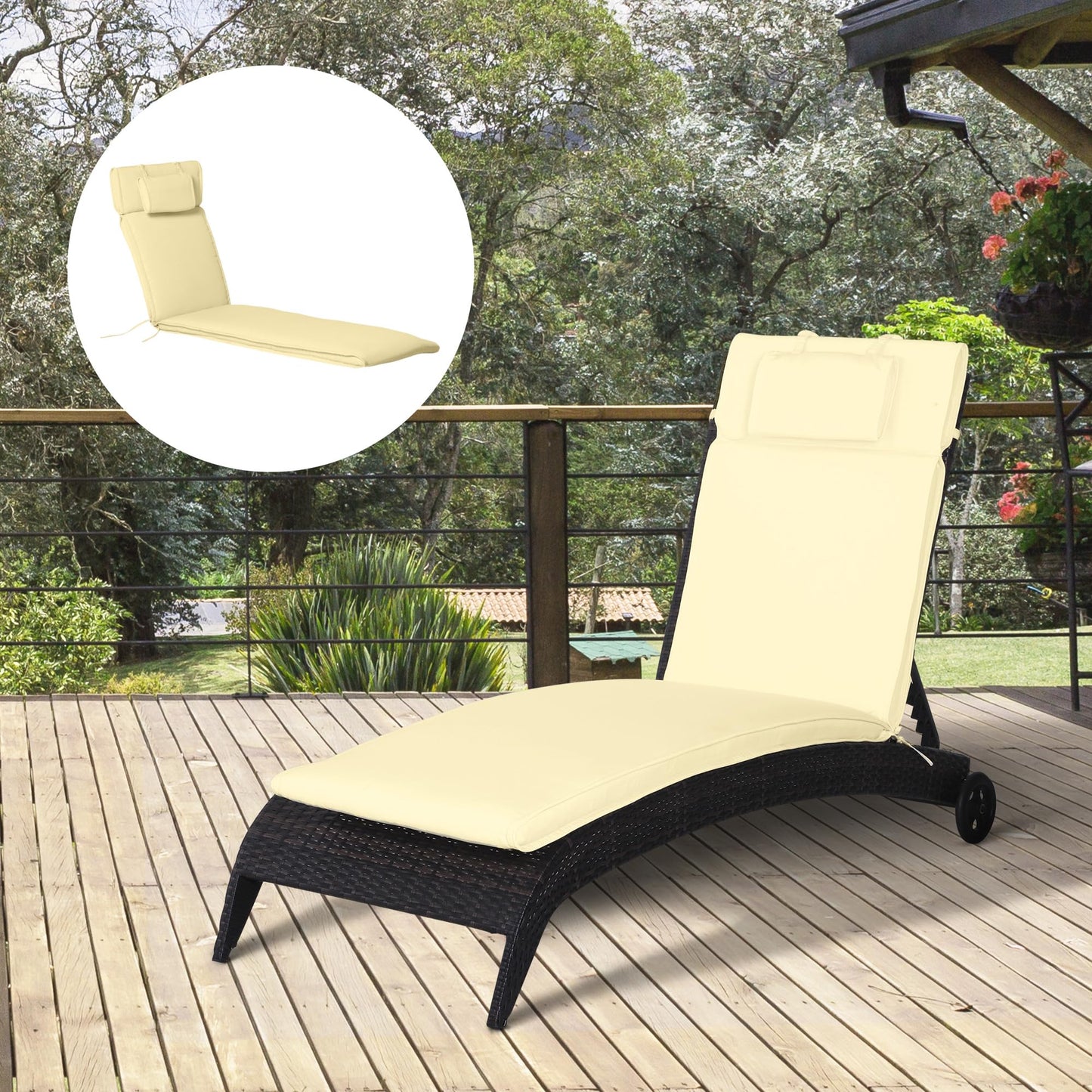 Outsunny Cojín para Tumbona de Exterior 198x53x5 cm Desenfundable y Lavable con Reposacabezas Extraíble Colchoneta Plegable de Algodón para Silla Reclinable de Jardín Crema
