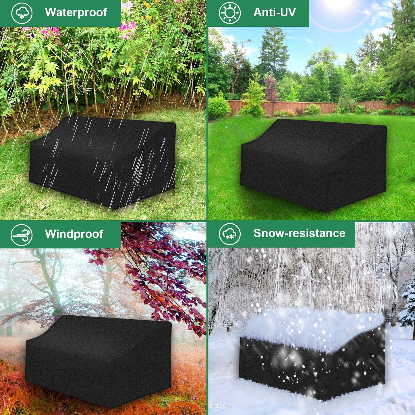 INMUA Funda para Banco de Jardín Impermeable, Cubierta para Banco de Jardín de 3 Plaza Resistente al Viento, Anti-UV, Funda Protectora para Sofá Telas Oxford 420D Resistente (66 X 63 X 89/163 CM)