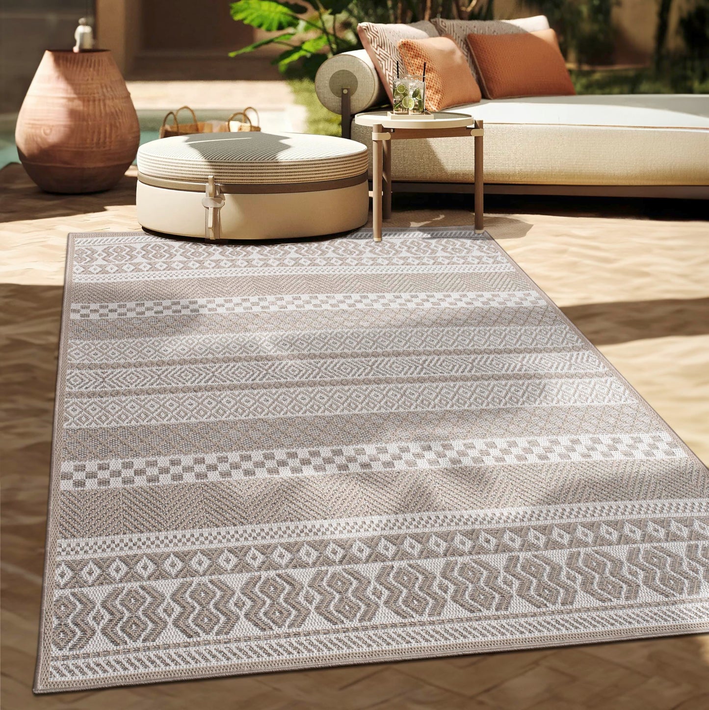 Paco Home Alfombra Exterior Interior Balcón Terraza Cocina Motivo Boho Étnico Moderno, tamaño:160x220 cm, Color:Beige