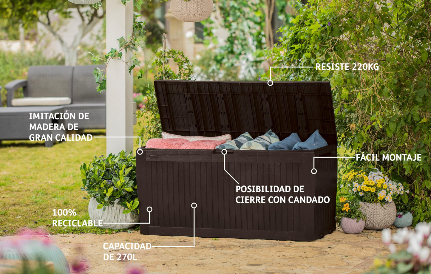 Keter Comfy - Arcón exterior, Baúl almacenaje, Capacidad 270L, Resina, Color marrón, Ordenación jardín y terraza, 44.7 x 116.7 x 57 cm