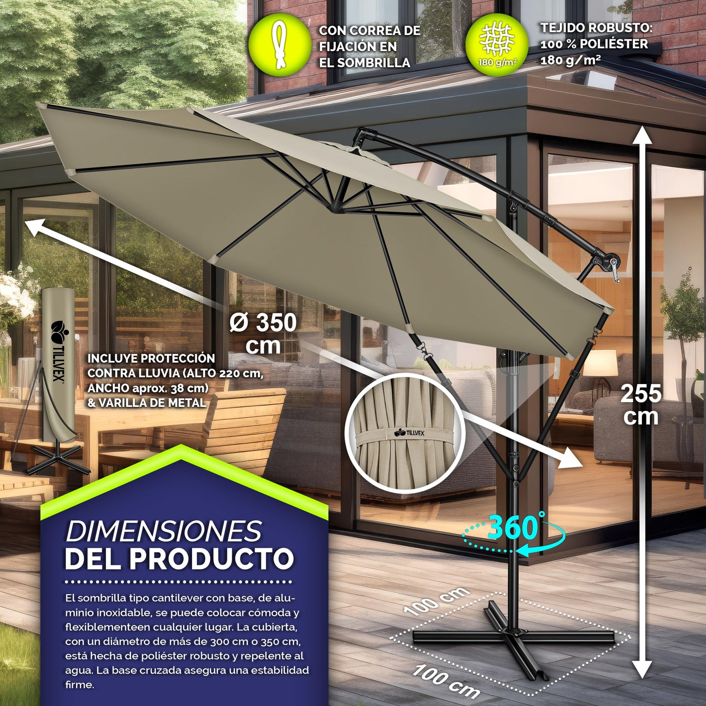 tillvex 300 cm Sombrilla Excentrico con Manivela, Funda y Protectora de cabrestante | Parasol para Terraza Jardín Balcón Patio | Giratorio 360º, Protección UV