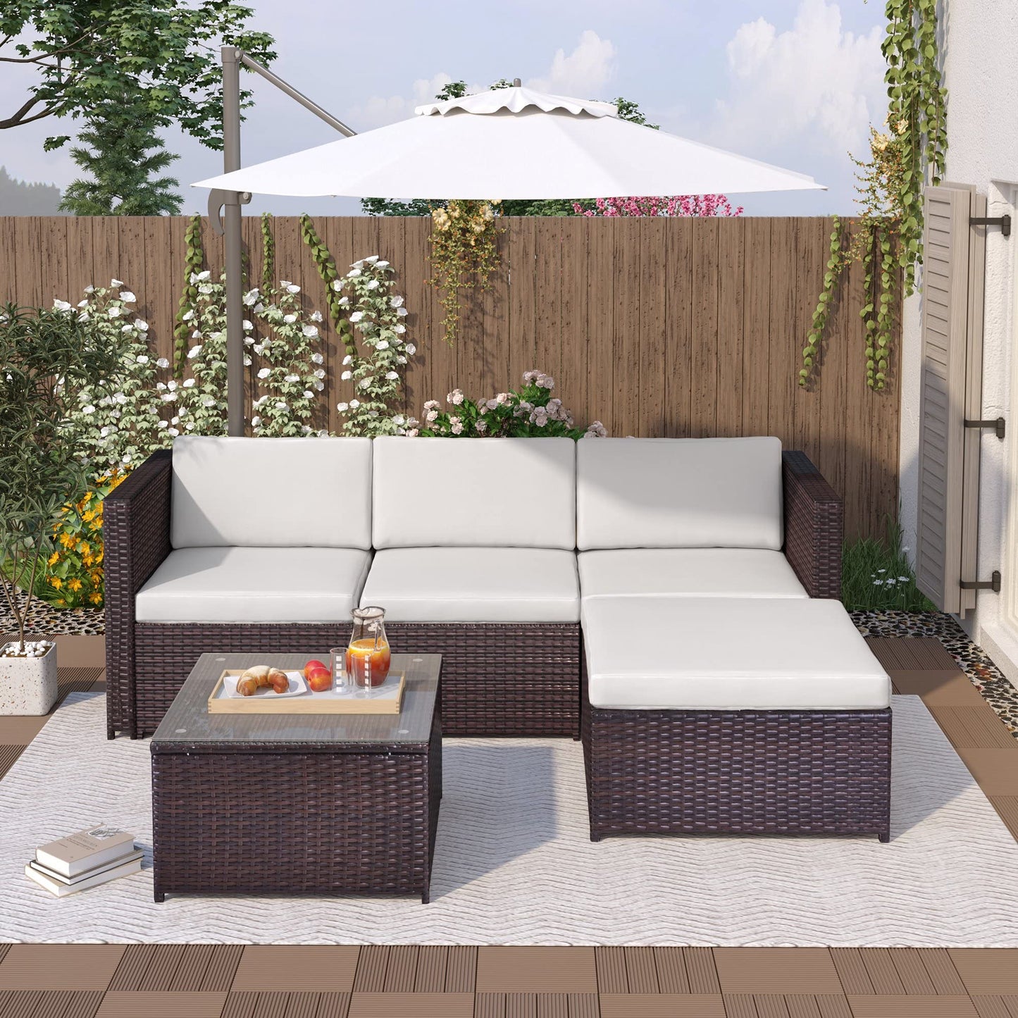 Juego de Muebles de jardín, Muebles de jardín de polirratán, sofá esquinero, con Cojines de Asiento y Respaldo, Mesa con Tablero de Cristal