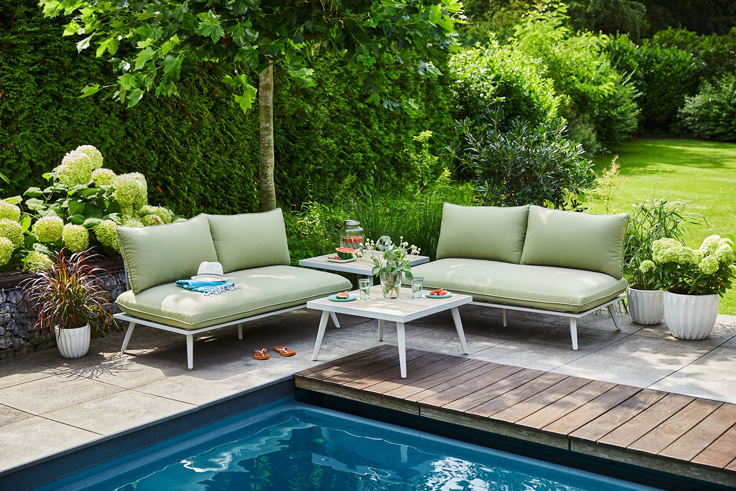 Tarrington House Sofa Set de Exterior Lualu, 4 Piezas, 2 Sofa Exterior de 2 plazas, 1 Mesa de café, 1 Mesa Auxiliar, Aluminio/poliéster/Madera, con Cojines, para terraza o jardín, Verde/Plata