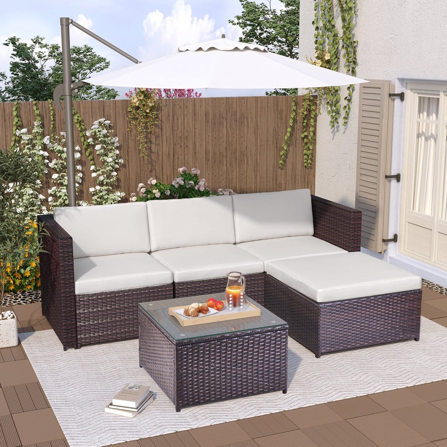 Juego de Muebles de jardín, Muebles de jardín de polirratán, sofá esquinero, con Cojines de Asiento y Respaldo, Mesa con Tablero de Cristal